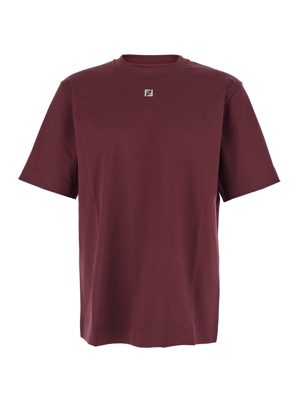 Fendi Men Bordeaux Crewneck T-Shirt With Ff Plaque On The Front In Cotton Man - 1