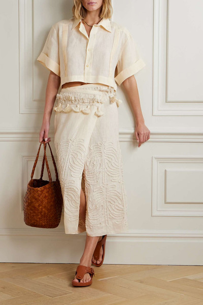 Johanna Ortiz + NET SUSTAIN Tansania Sun tassled embroiderd linen and cotton-blend midi wrap skirt outlook