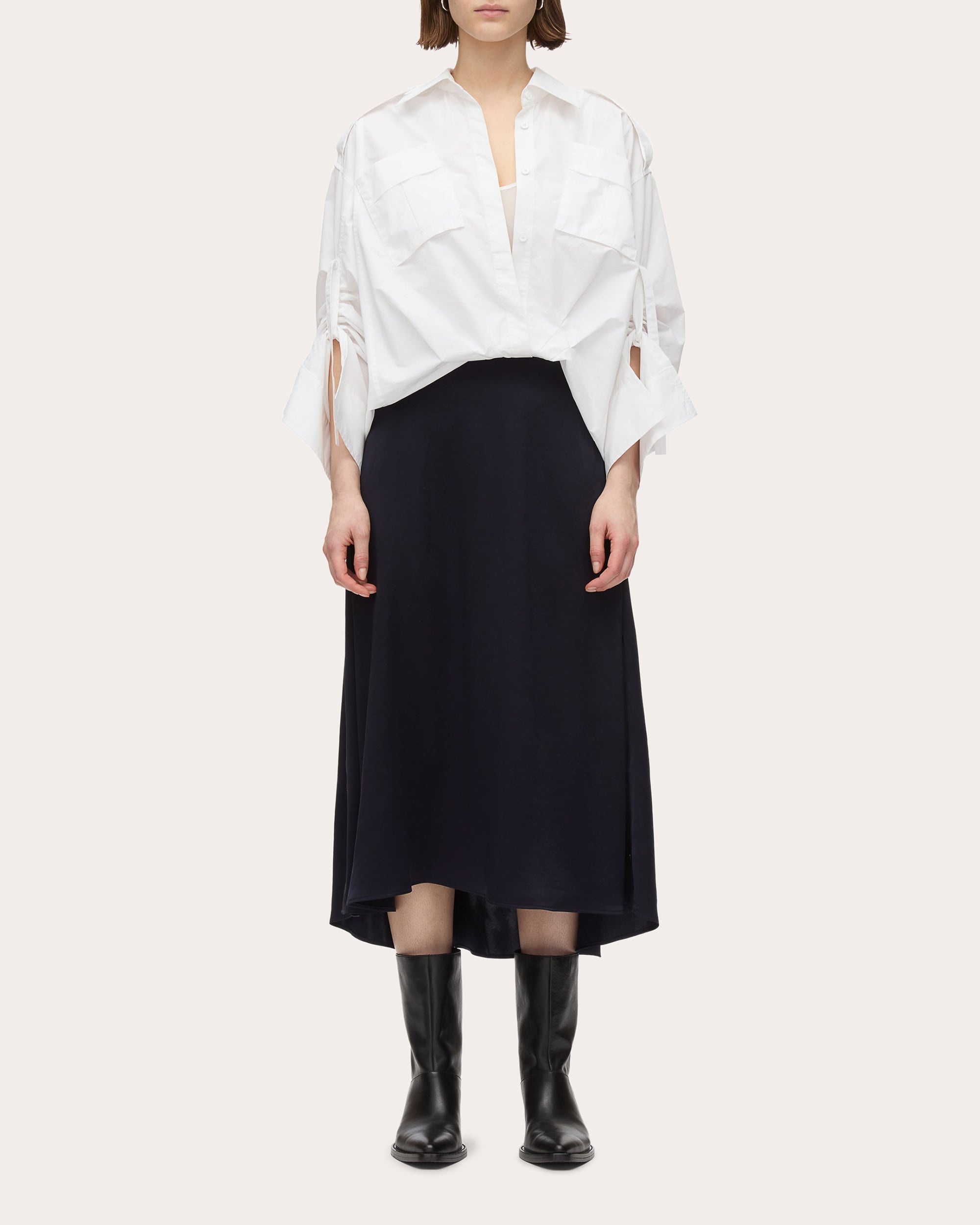 Draped Layered Poplin Satin Combo Midi Dress - 1