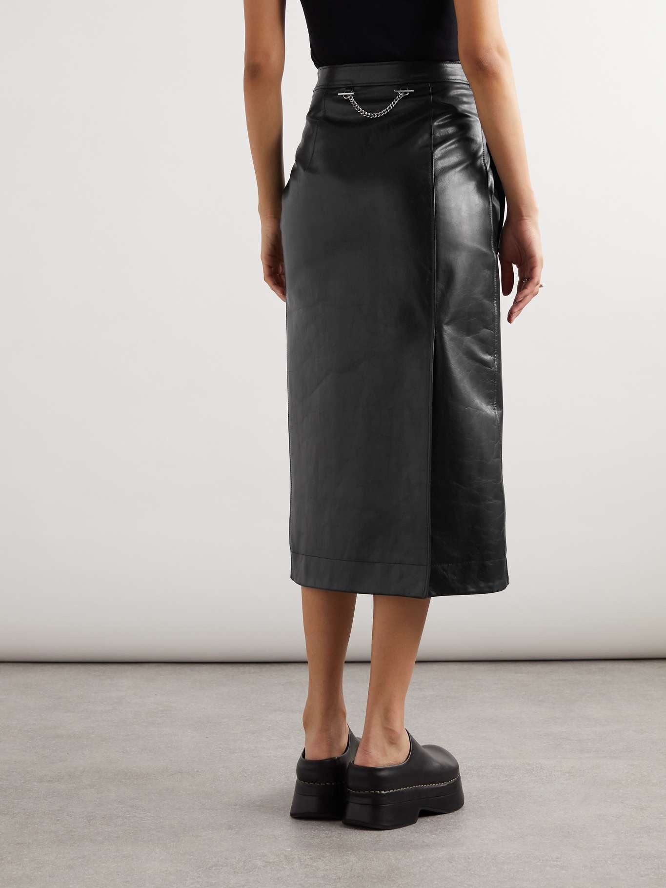 Wrap-effect chain-embellished paneled leather midi skirt - 4