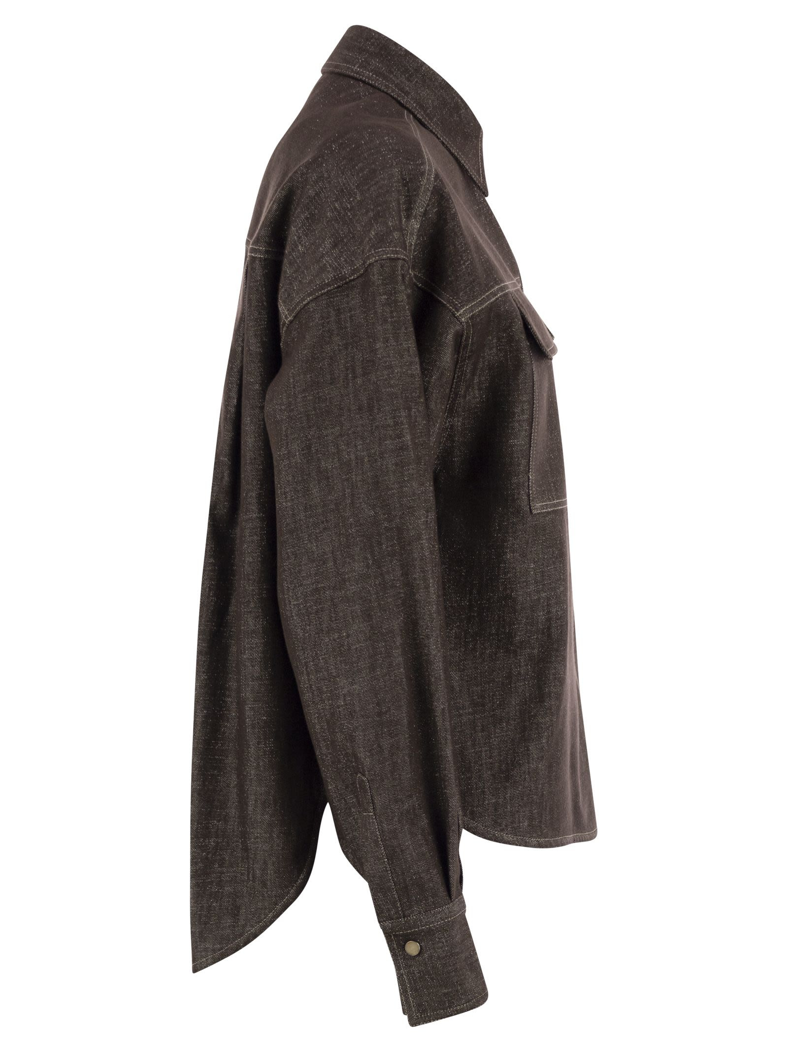 Brunello Cucinelli Women Sparkling No-Fade Denim Shirt With Shiny Flap Detail - 3