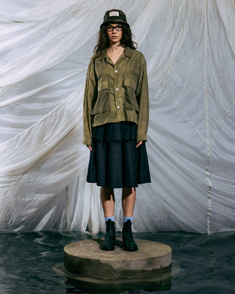 Cropped Nylon Button Up Shirt - Army 9