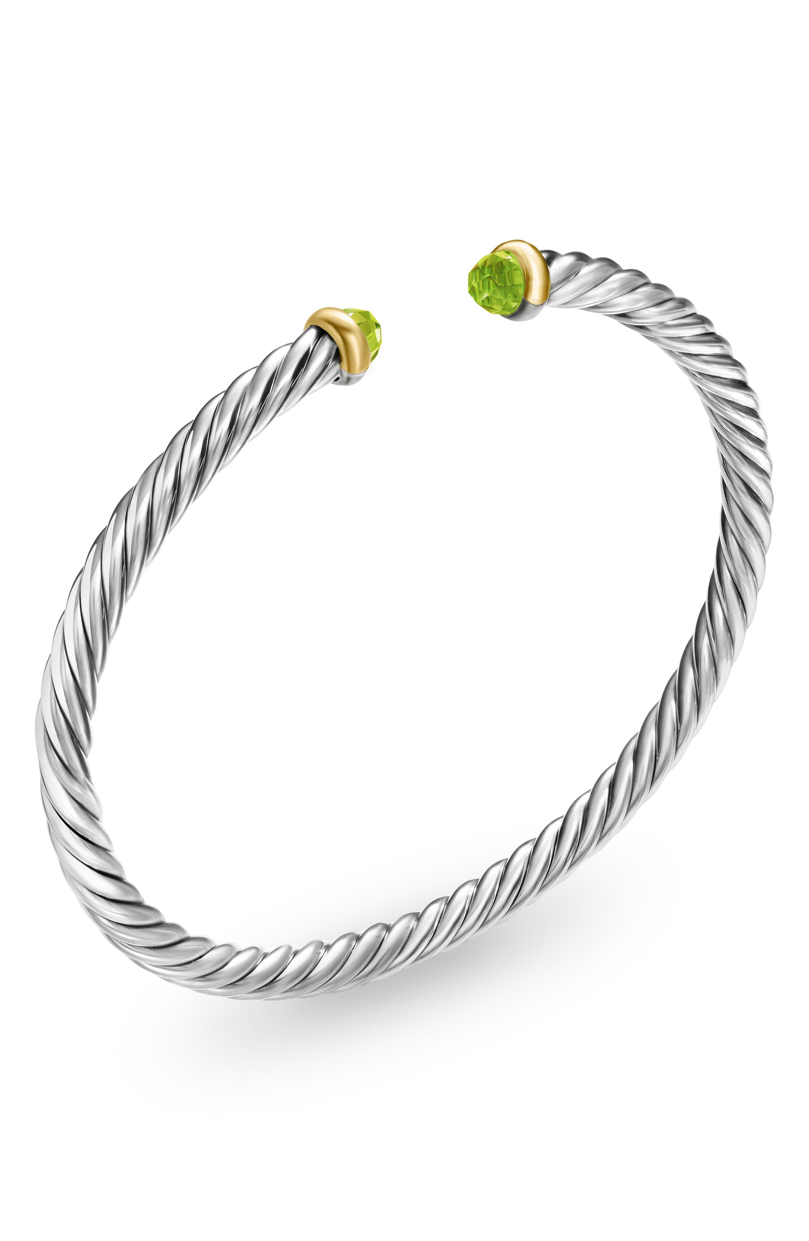 David Yurman Cable Flex Bracelet in Sterling Silver with 14K Yellow Gold, 4mm in Silver/Gold/Peridot - 5