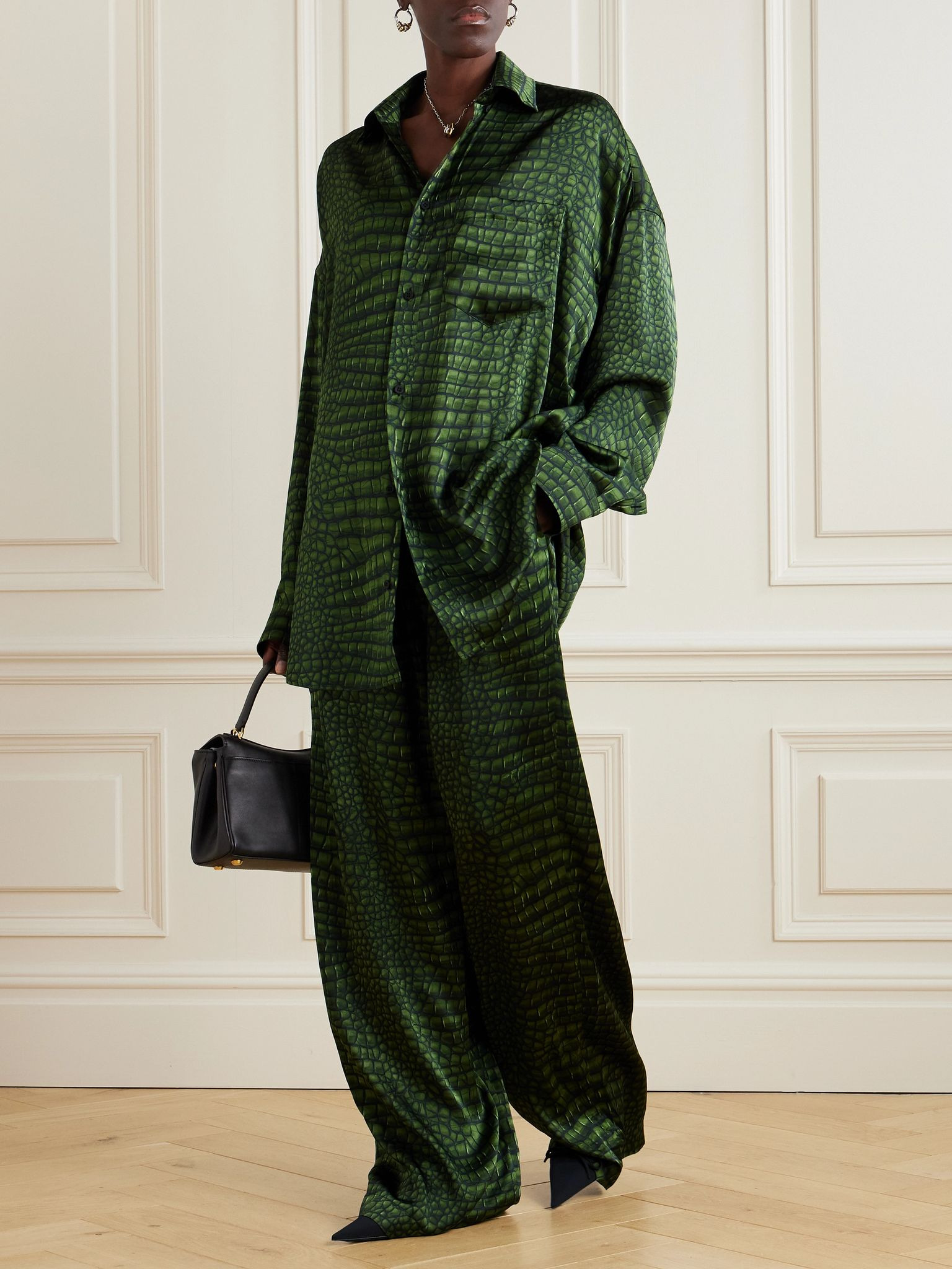 Cocoon oversized printed silk-satin shirt Green - 2