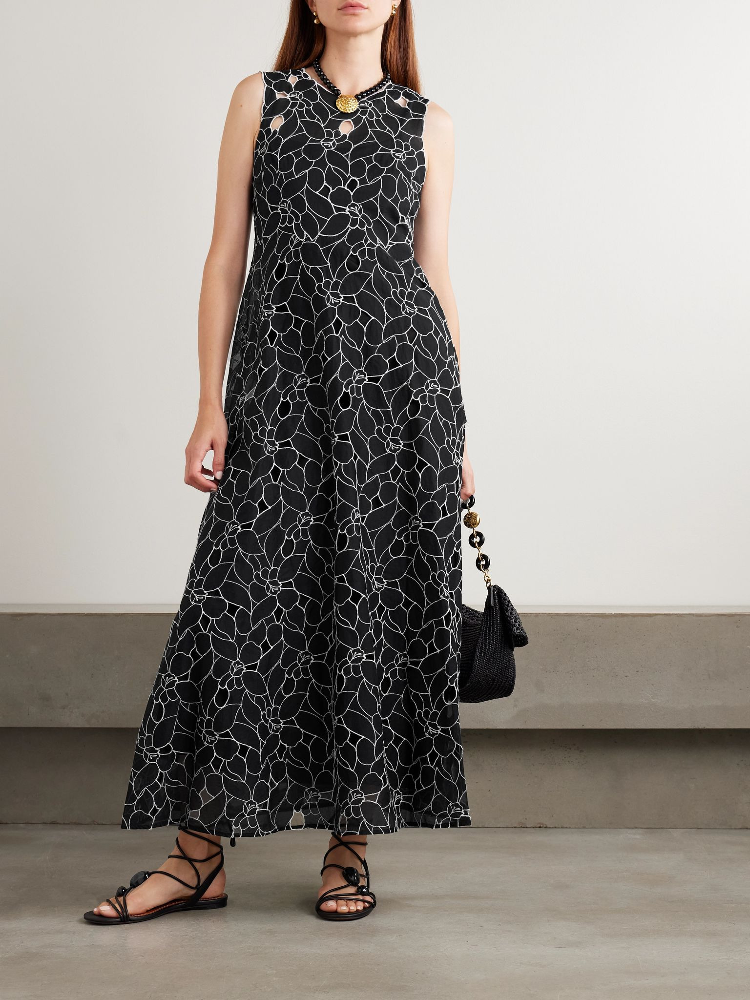 Kiana cutout embroidered cotton-organdy midi dress Black - 2
