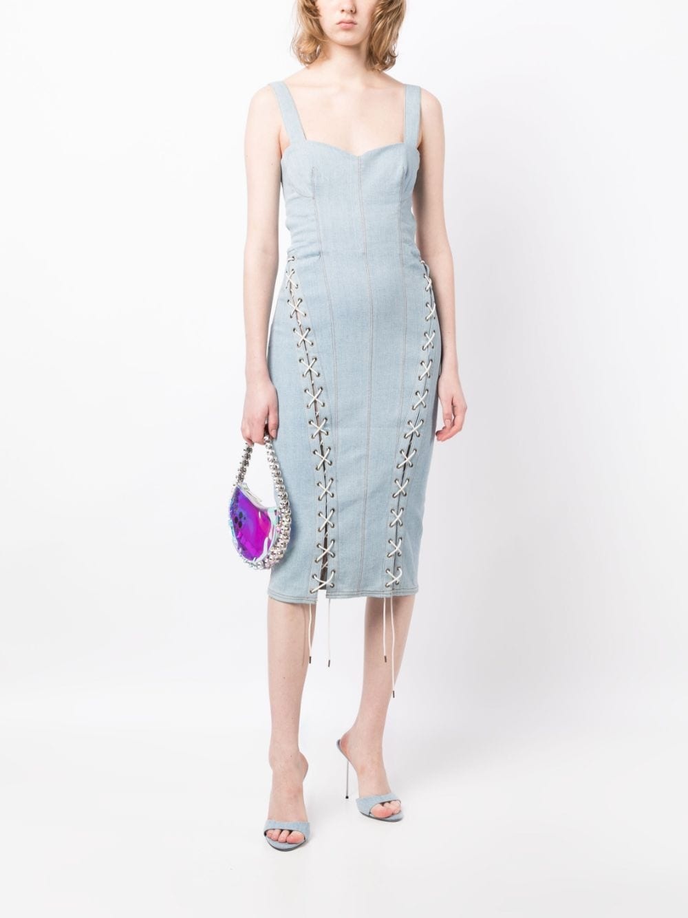lace-up washed denim fitted dress - 2