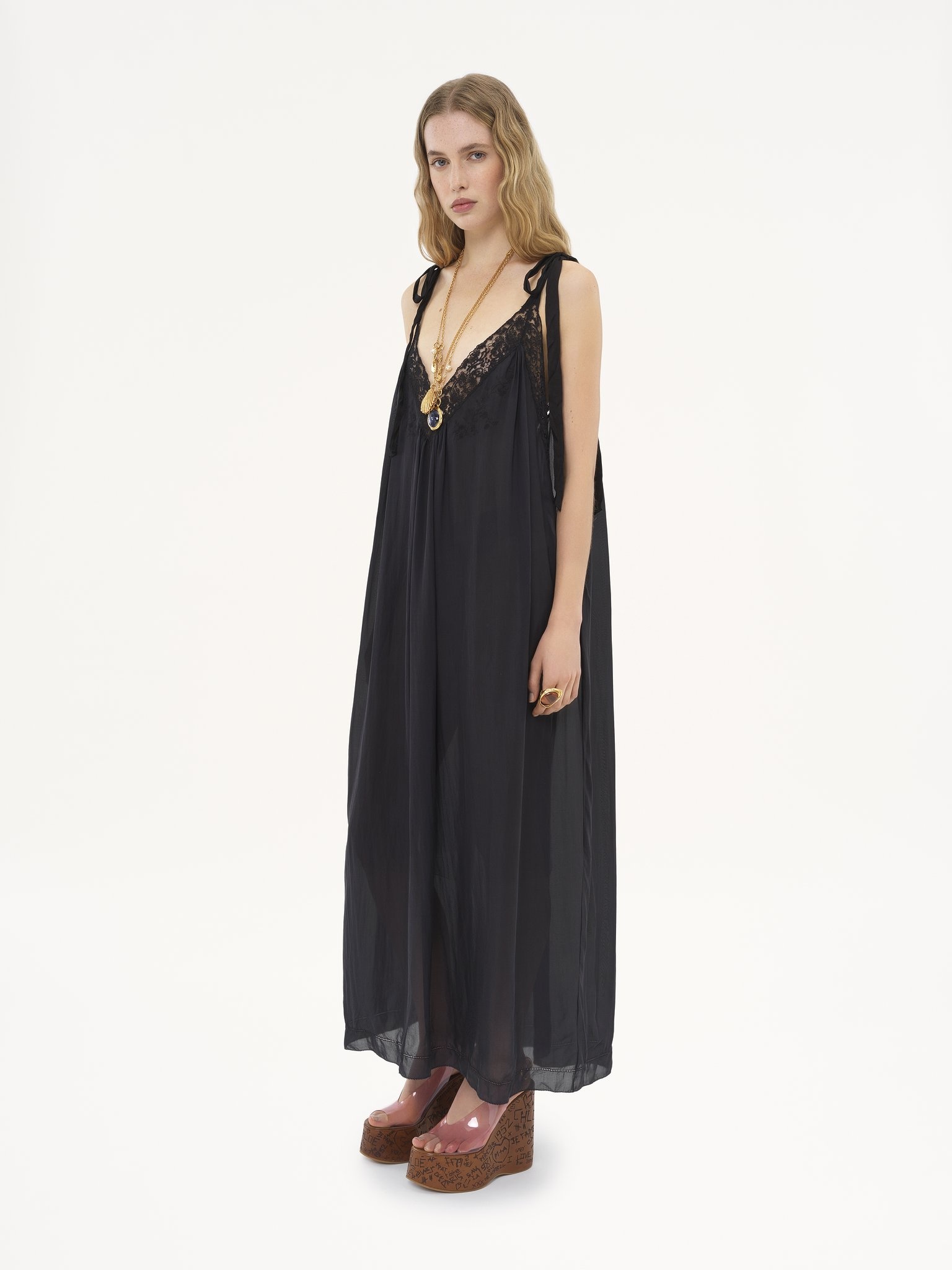 LONG SLIP DRESS IN SILK CHARMEUSE & LACE - 4