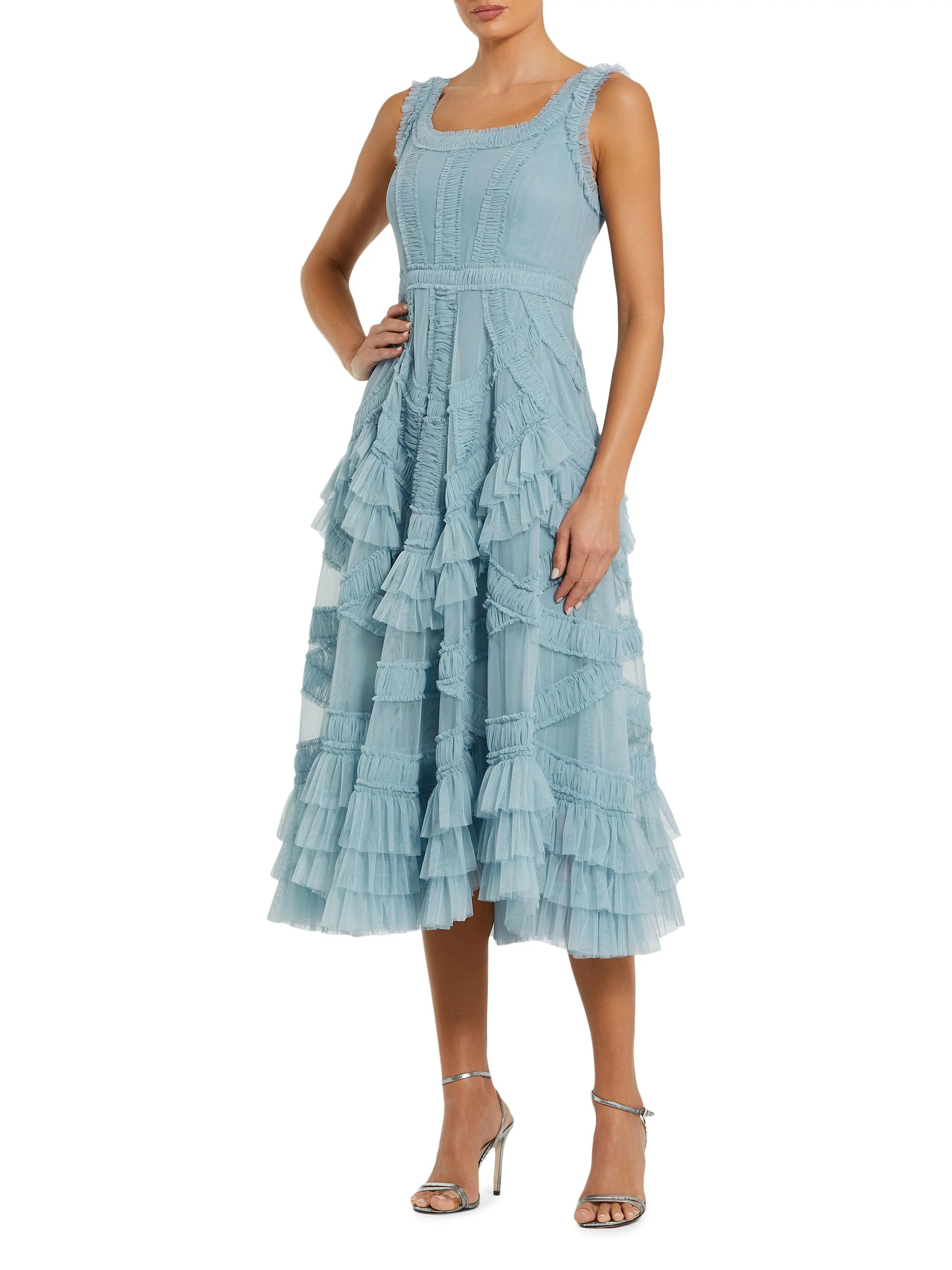 Women's Mesh Ruffled Scoopneck Midi-Dress - French Blue - 1