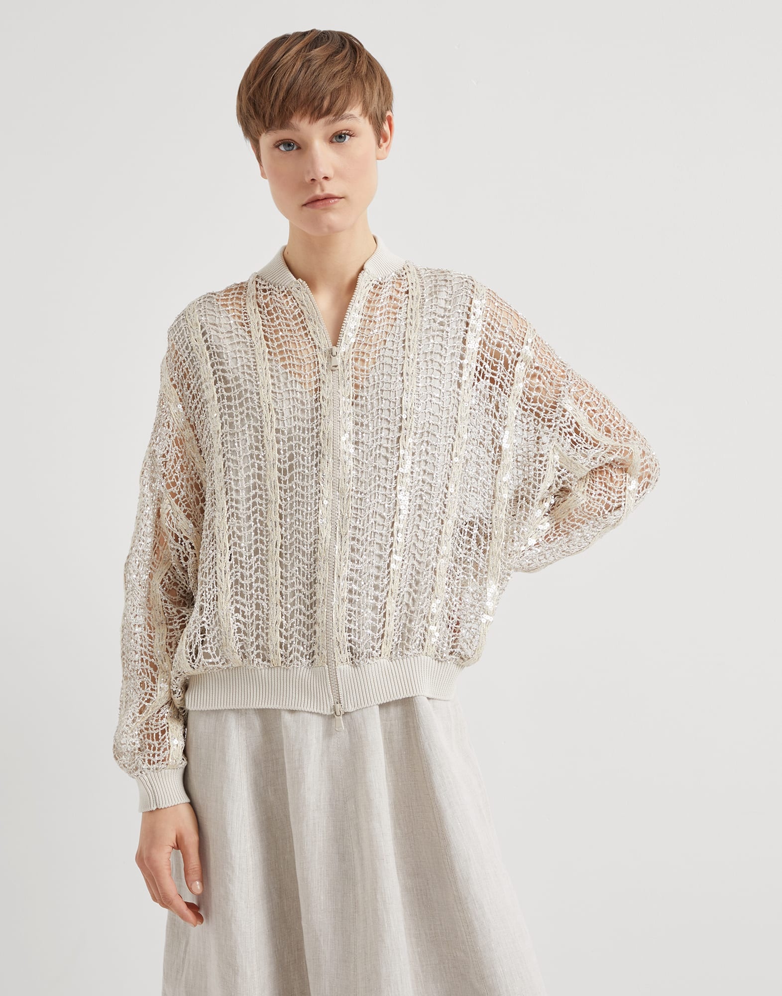 Dazzling striped net embroidery bomber jacket in techno raffia - 1