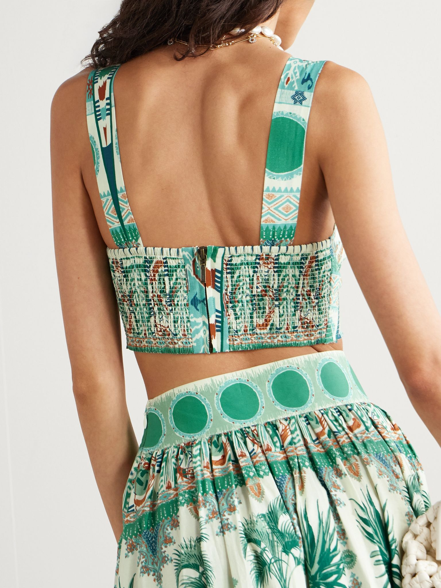 Dalia cropped shirred printed cotton bustier top Green - 3