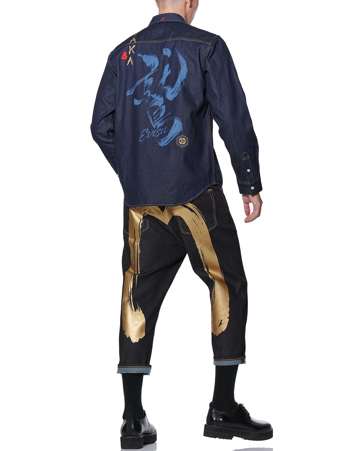 DISCHARGE TAKA CALLIGRAPHY DENIM SHIRT - 5
