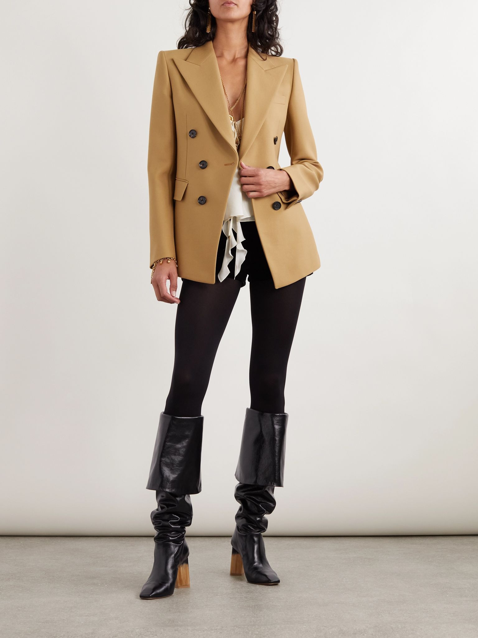 Double-breasted wool blazer Tan - 2