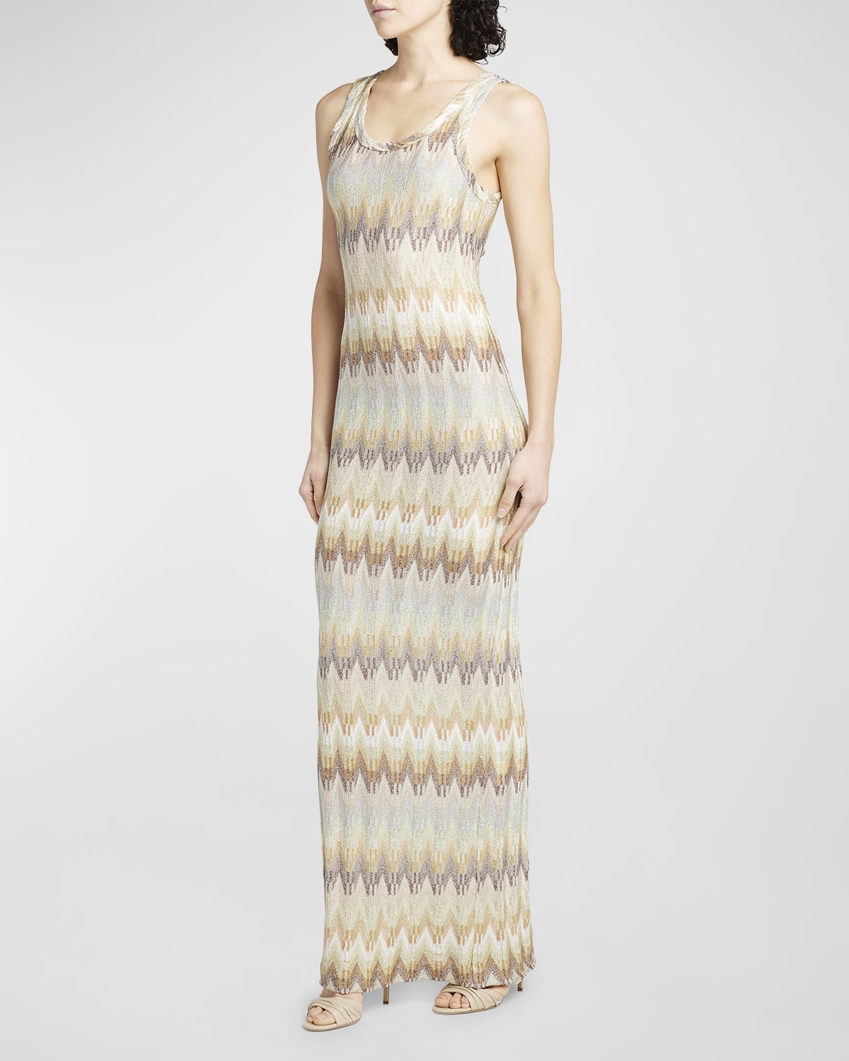 Scoop-Neck Sleeveless Metallic Chevron Knit Maxi Dress - 3