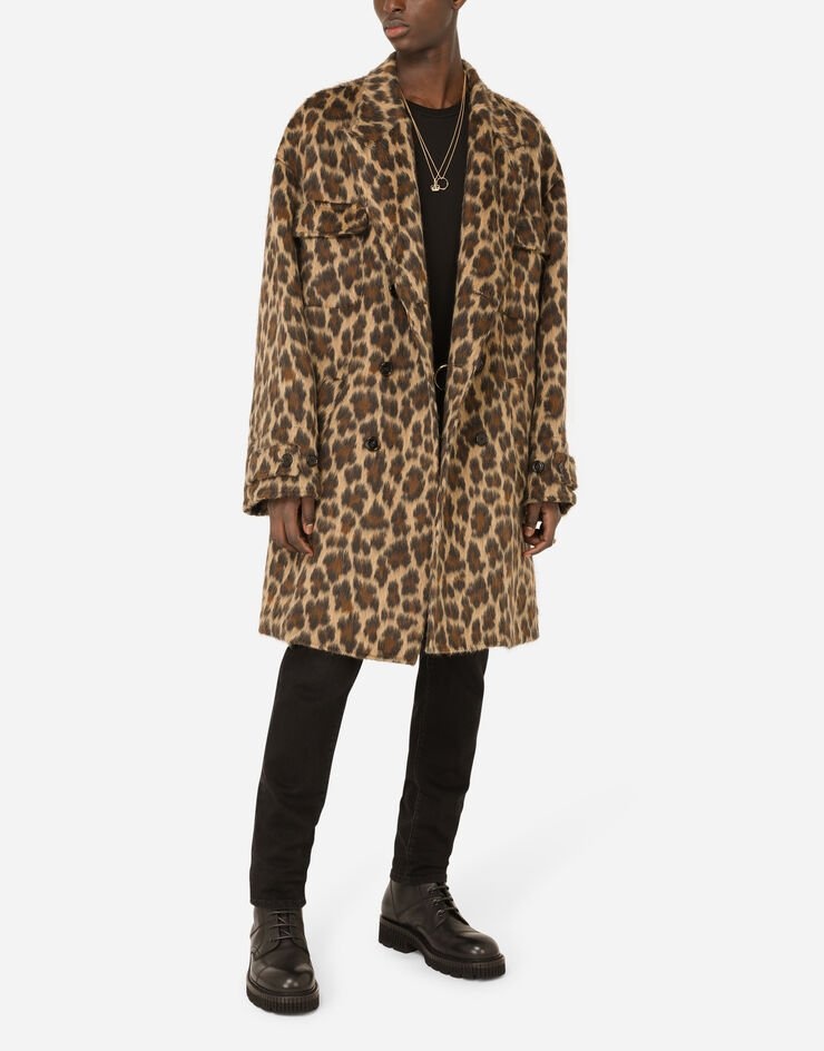 Double-breasted wool jacquard coat with leopard design - 6