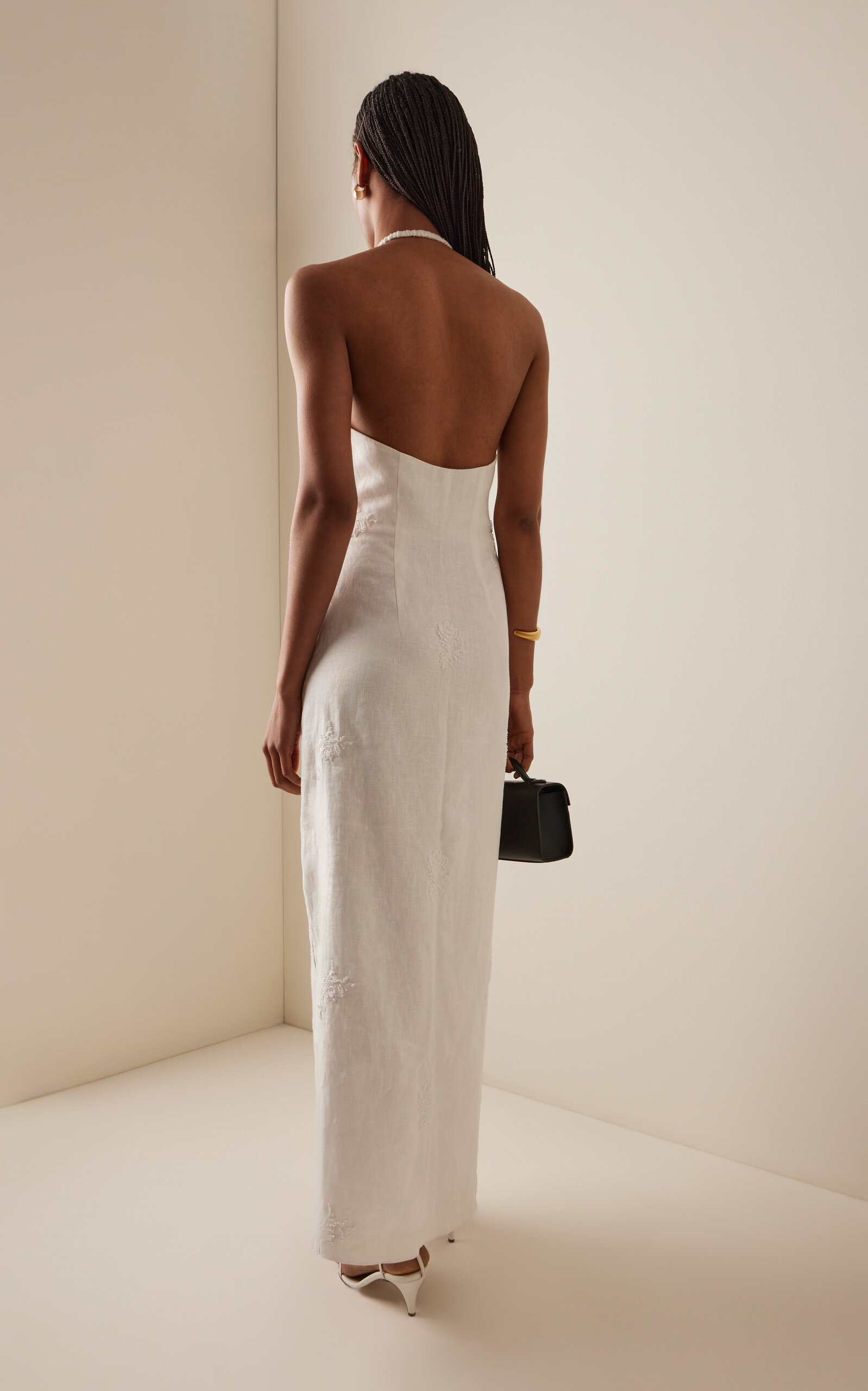 Alessandra Beaded Linen Maxi Halter Dress ivory - 4