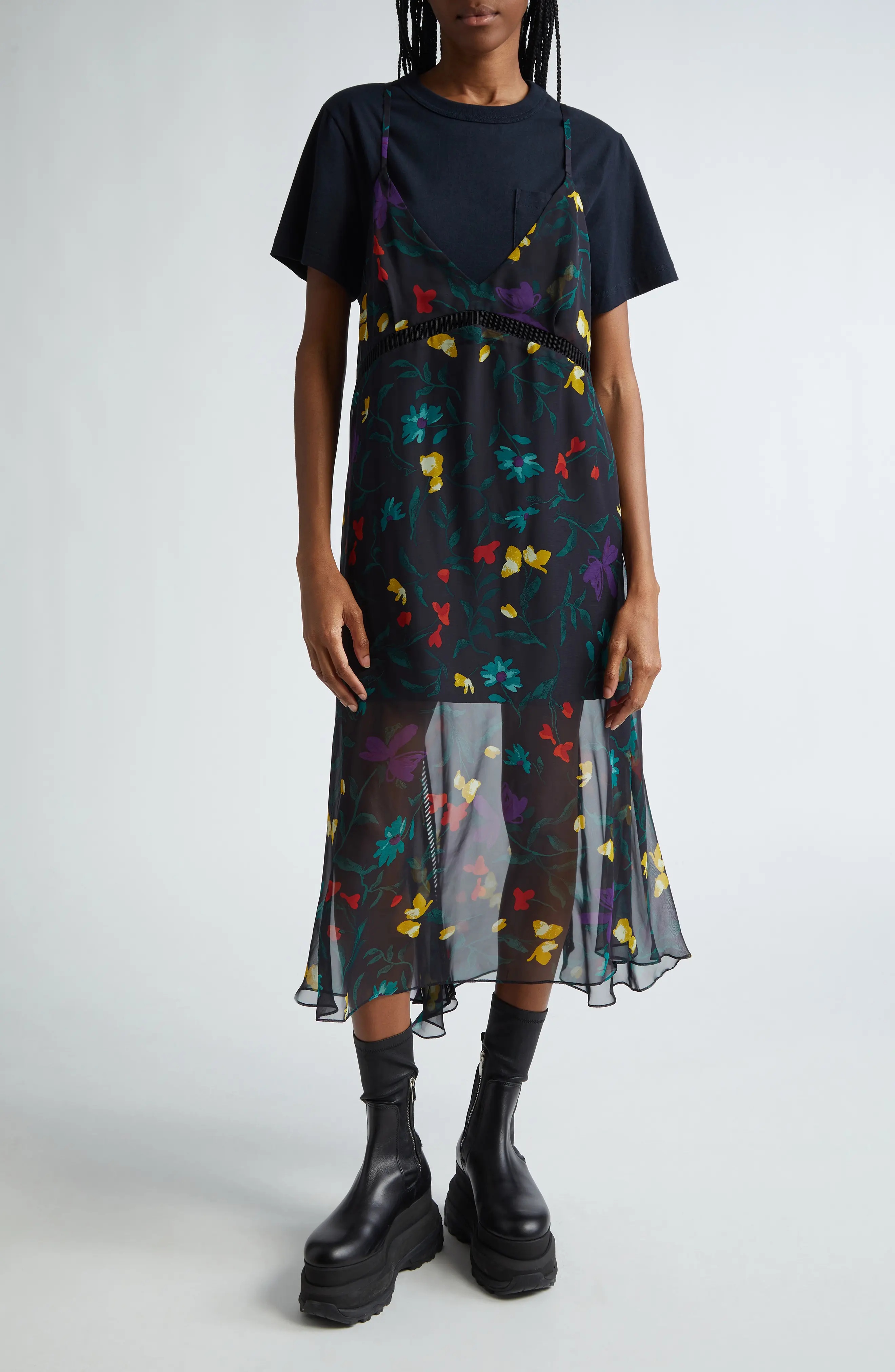 sacai Floral Print Mixed Media Layered Midi Dress