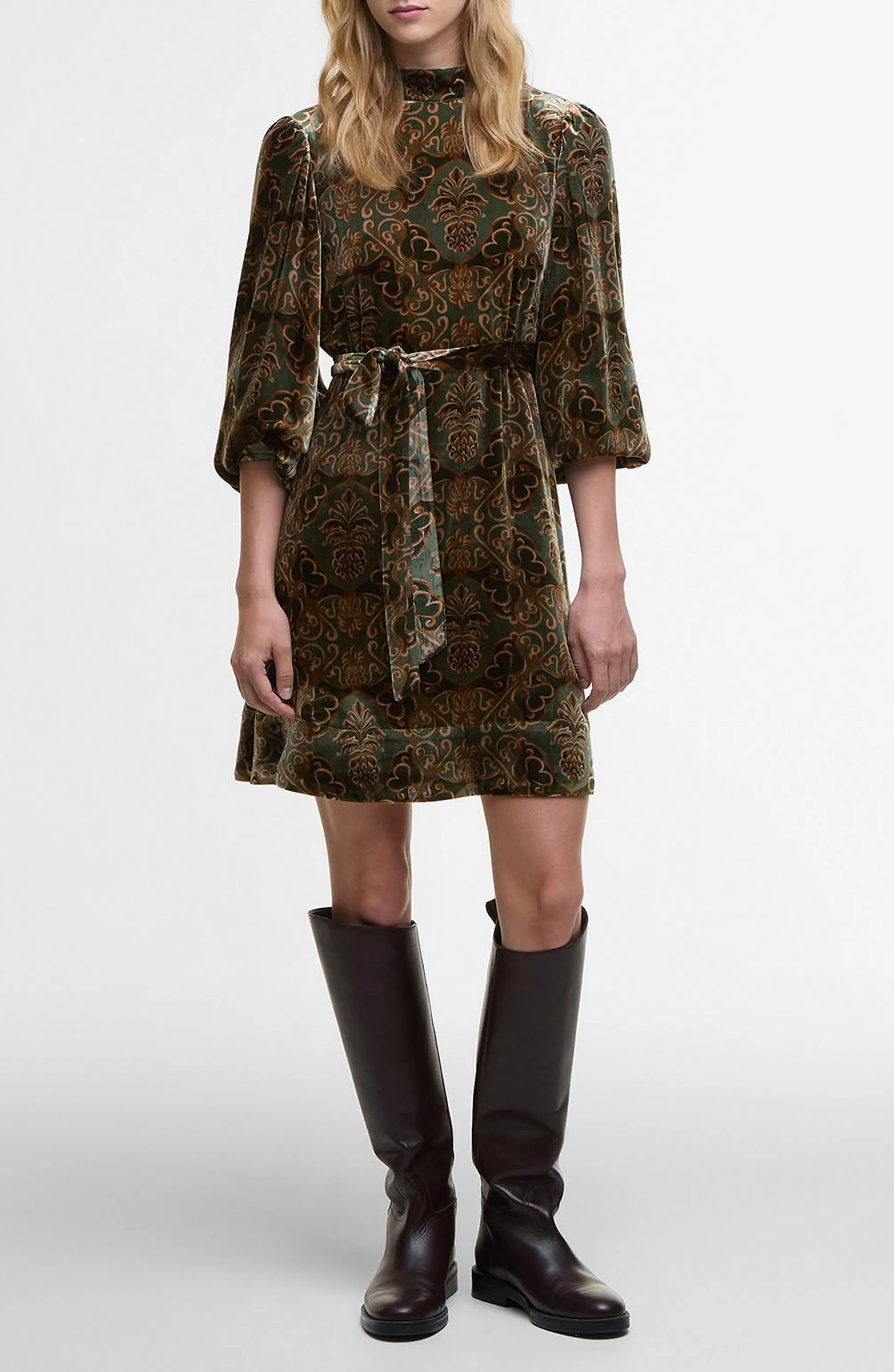 Barbour x Farm Rio Ana Clara Long Sleeve Velvet Minidress in Pineapple Print at Nordstrom - 1