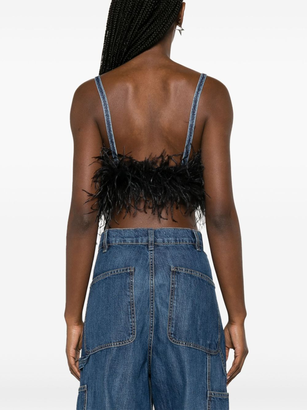 feather-trim denim top - 4