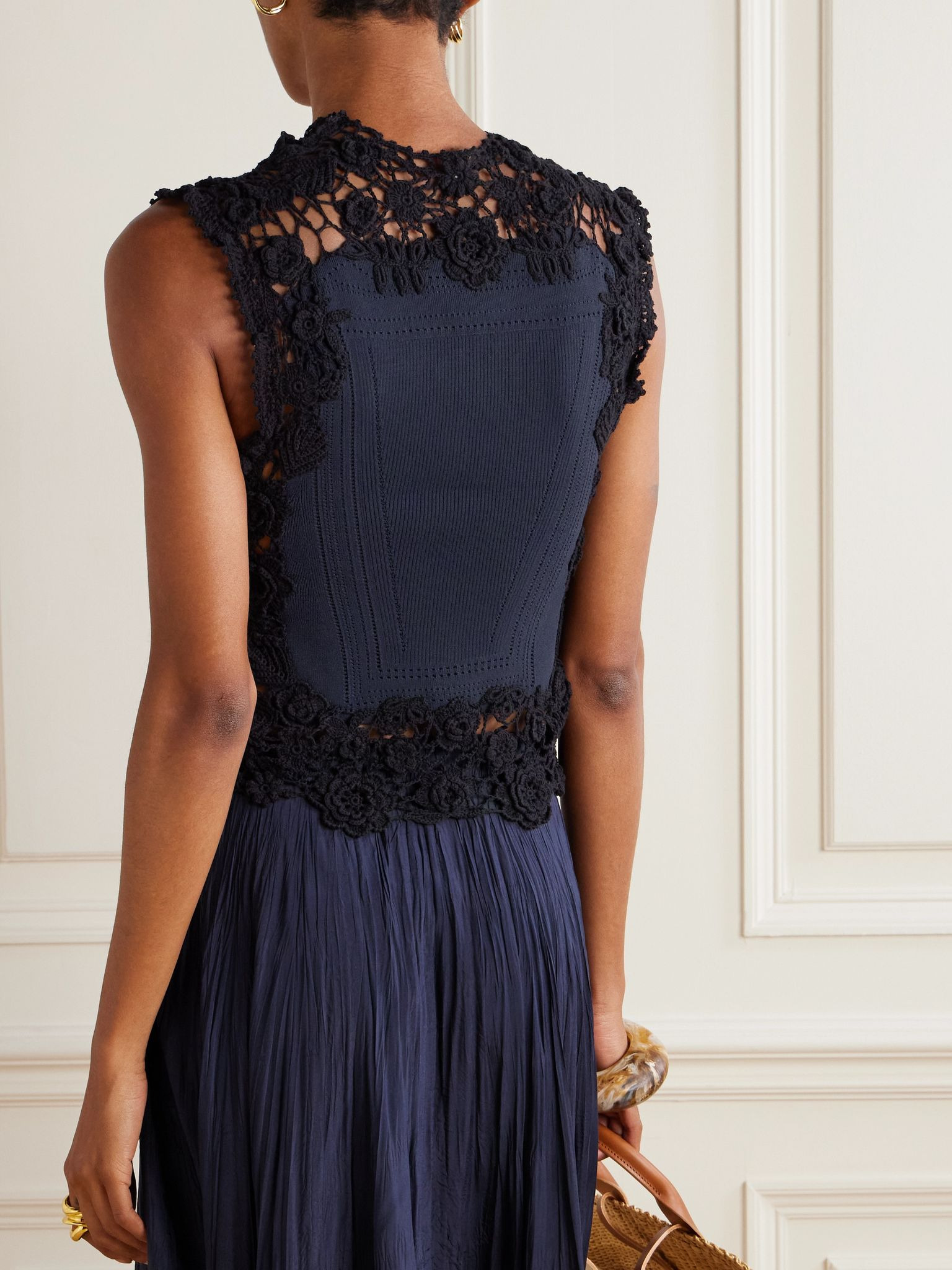 Gigi crocheted lace-trimmed pointelle-knit cotton-blend top Navy - 3