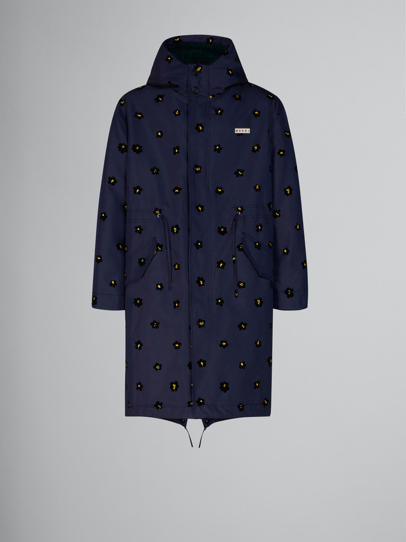 BLUE GABARDINE PARKA WITH FLOCKED DRAFT FLOWER PRINT 1