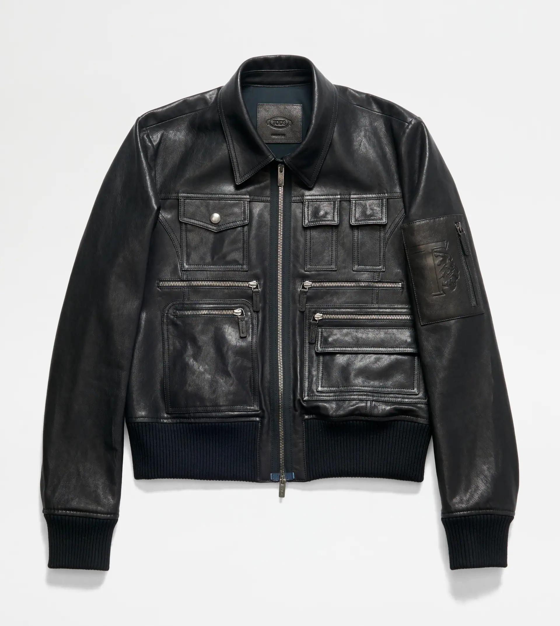 MULTI-POCKET LEATHER BOMBER JACKET - BLACK - 1