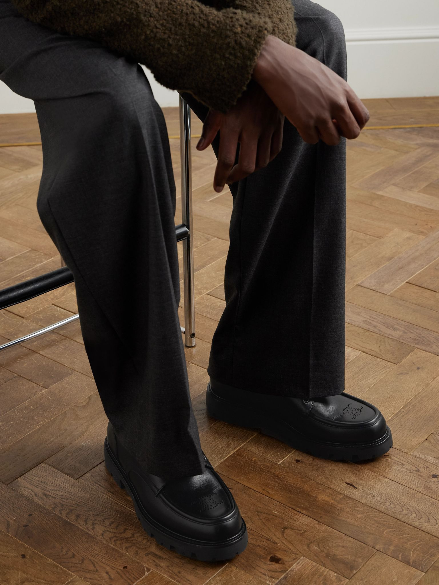 Logo-Perforated Leather Derby Shoes Black - 2