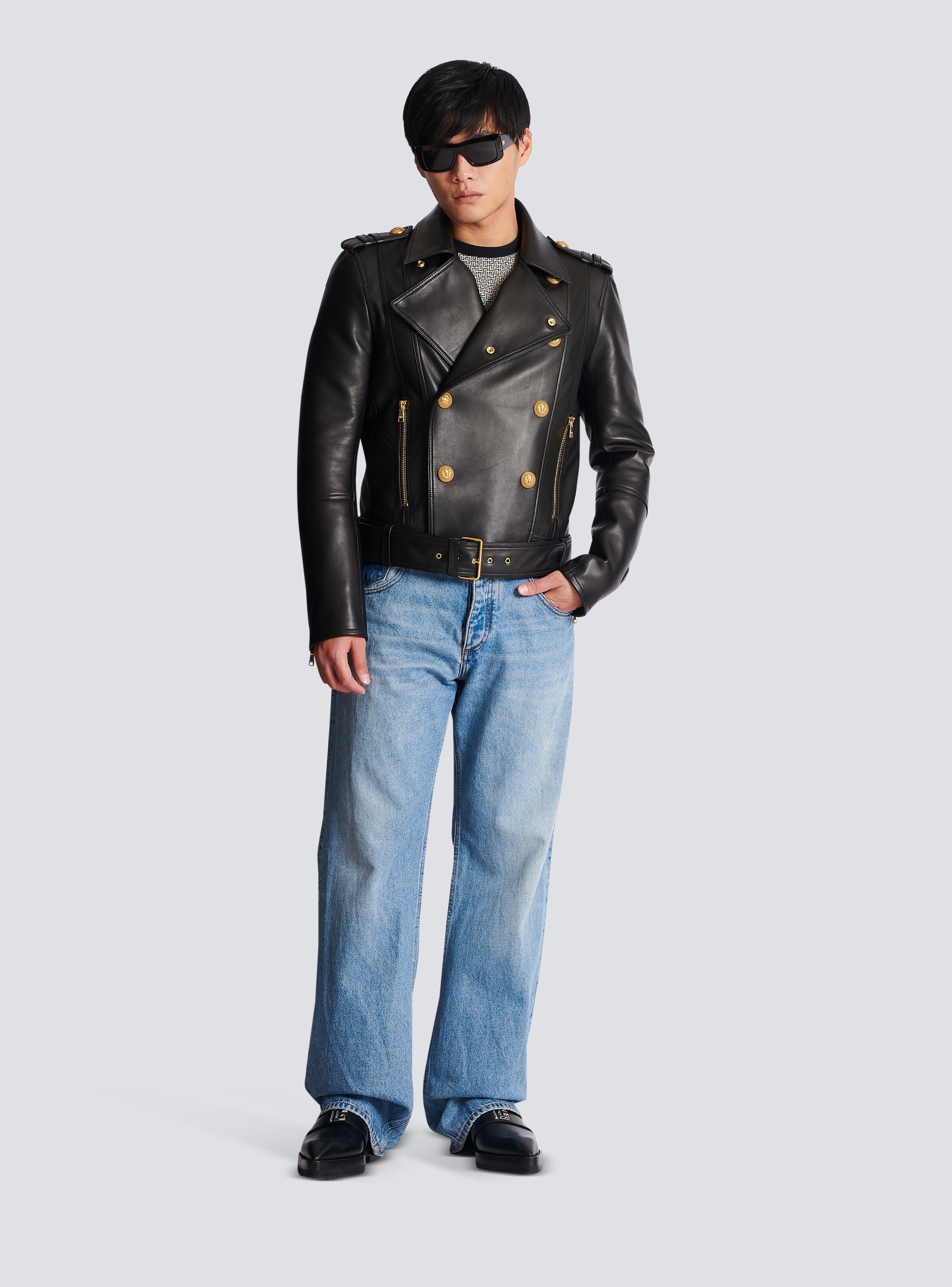 Double-breasted buttoned leather biker jacket - 2