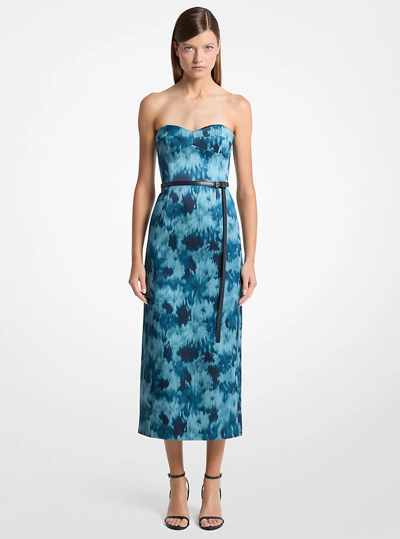 Floral Chiné Satin Duchesse Bustier Strapless Sheath Dress - 1