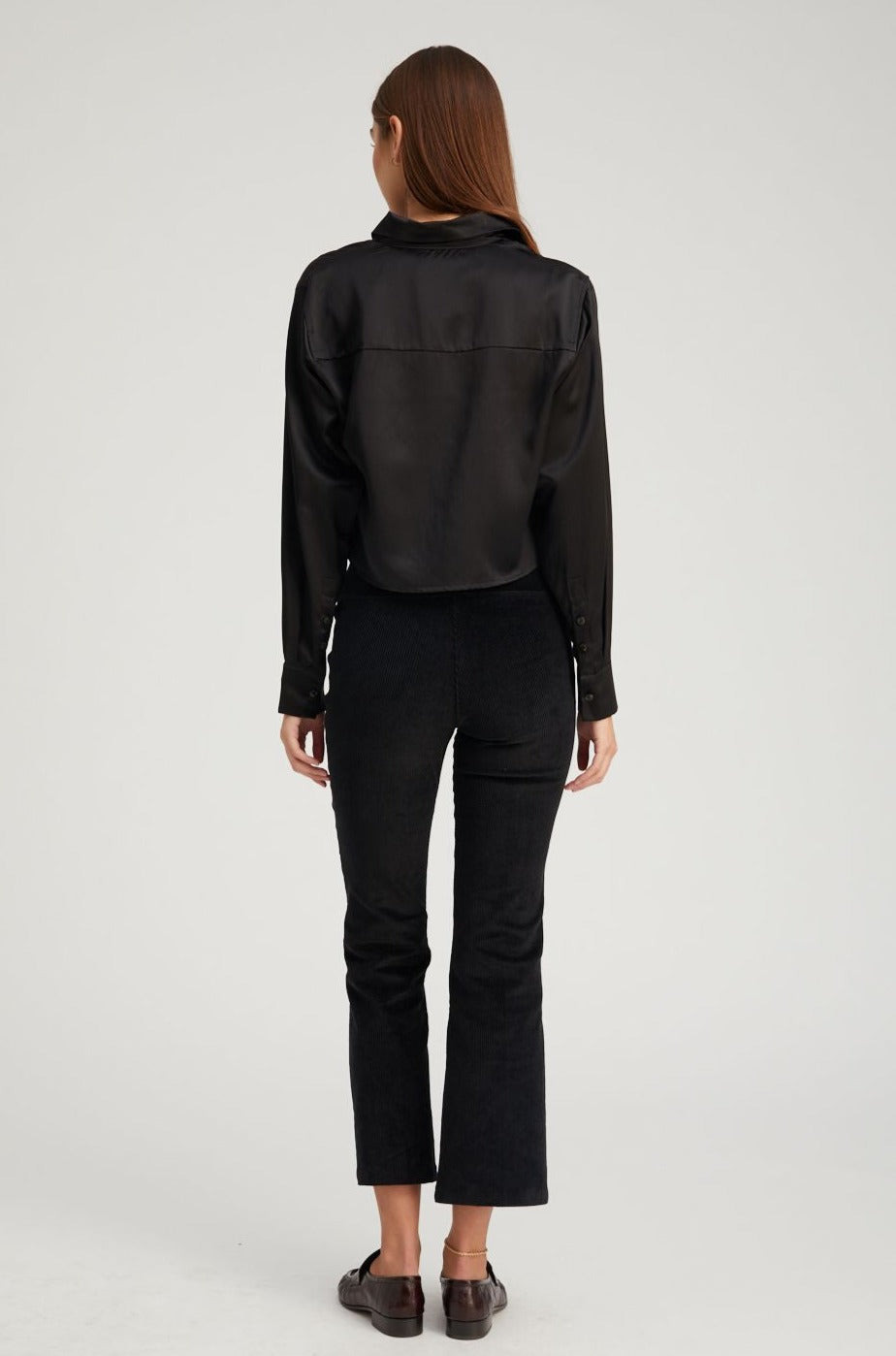 BLACK SILK CROPPED BUTTON DOWN - 4