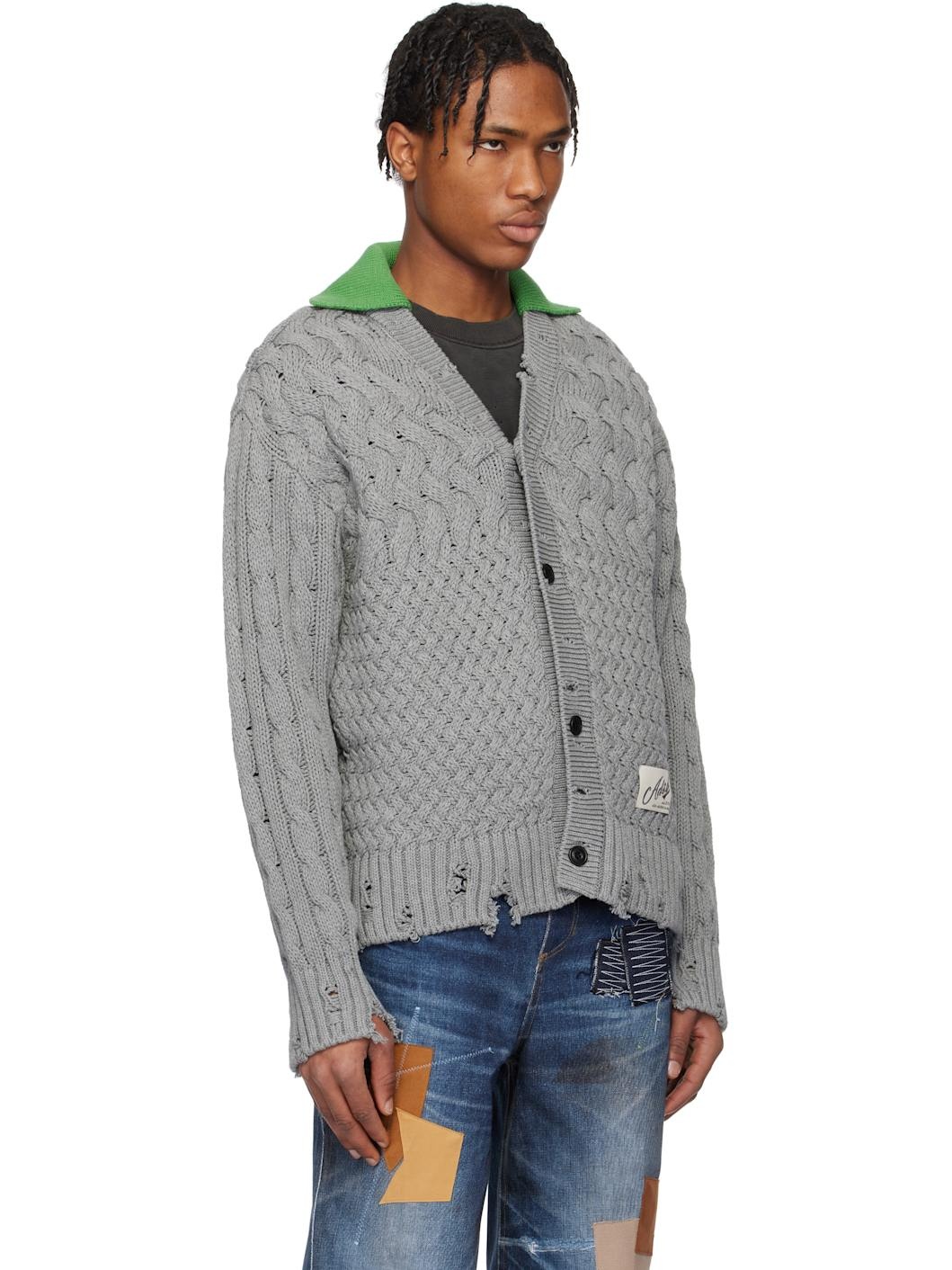 Gray Green Collar V-Neck Cardigan - 2