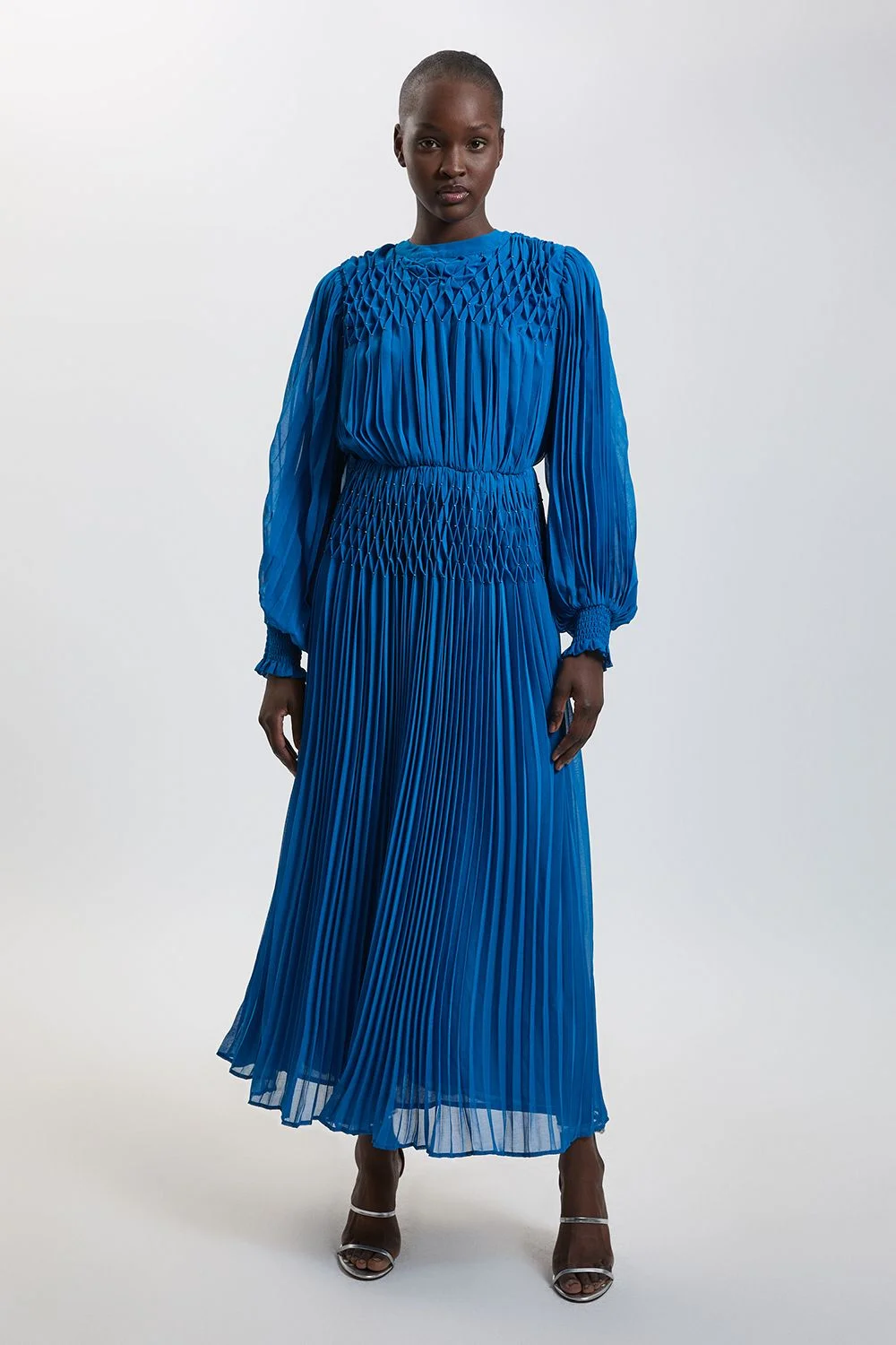 Pleated Beaded Detail Balloon Sleeve Maxi Dress - 1