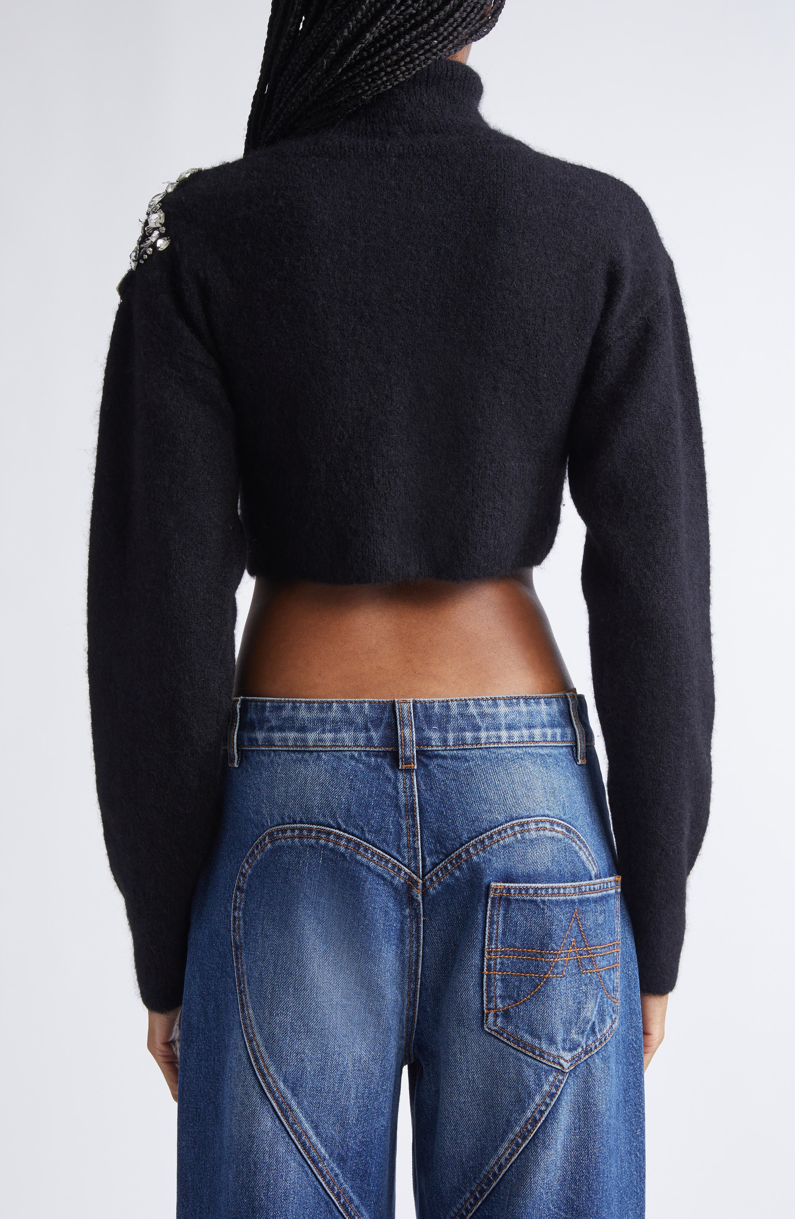 Area Crystal Cluster Flower Crop Alpaca & Wool Blend Sweater in Black at Nordstrom - 3