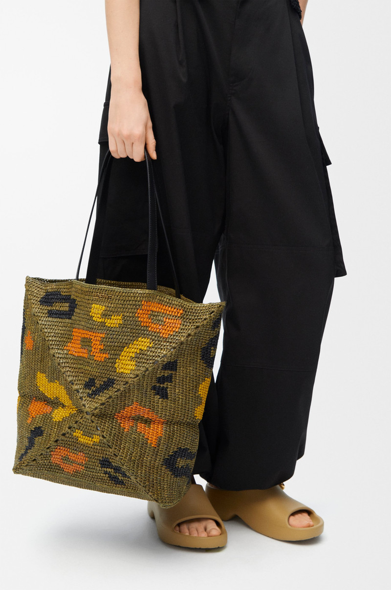 Loewe Large Puzzle Fold tote in raffia and calfskin outlook