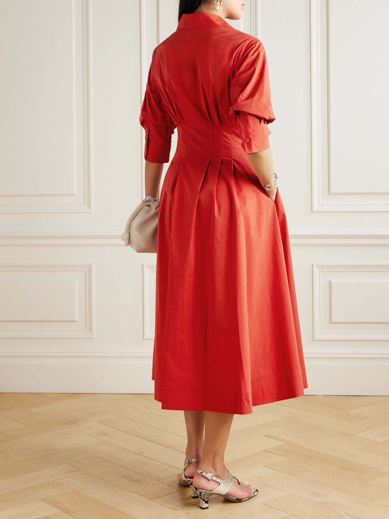 Jazz pleated cotton-blend poplin midi shirt dress Red - 3