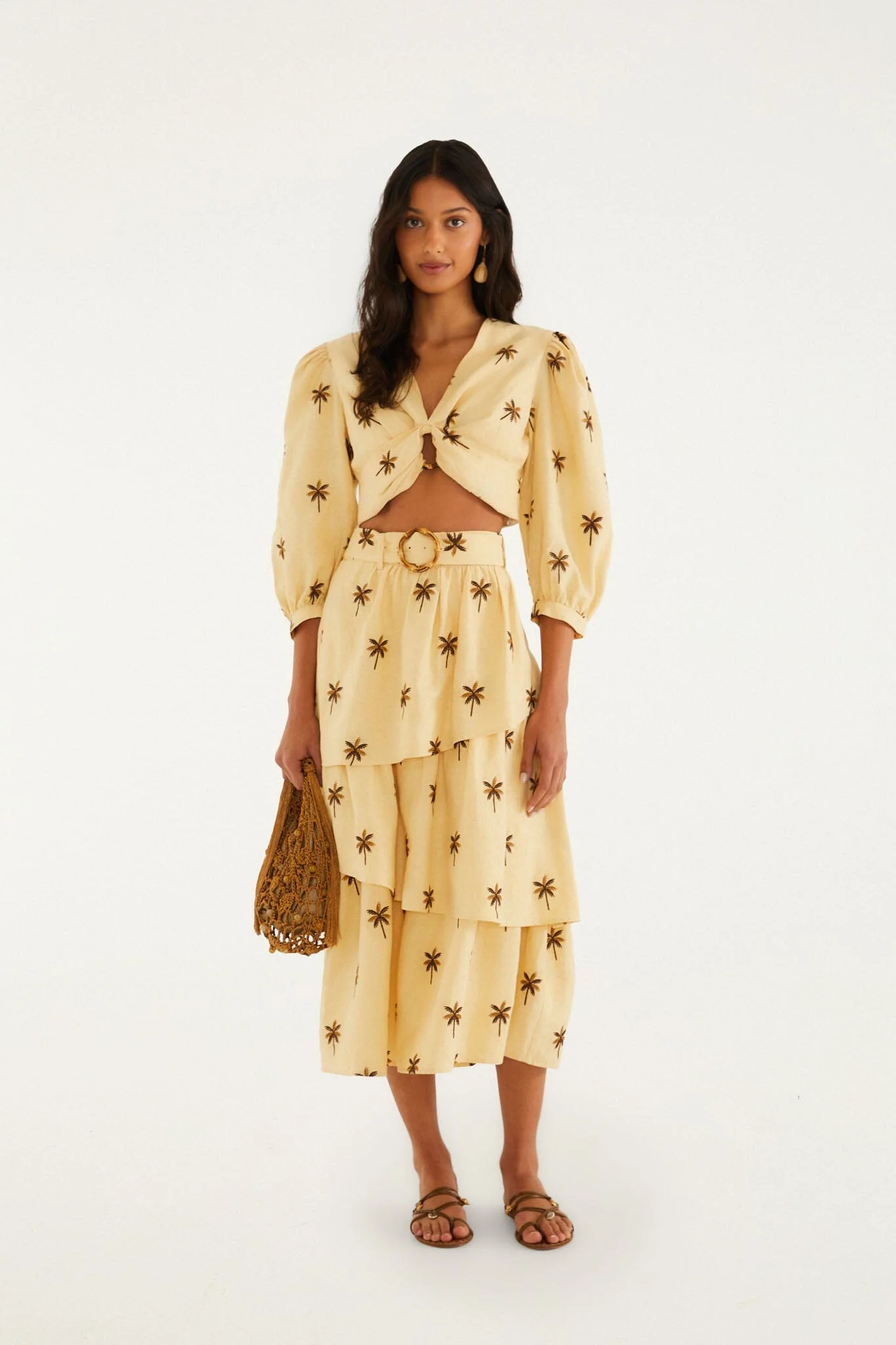 Sand Embroidered Trees Buckled Layered Midi Skirt - 1