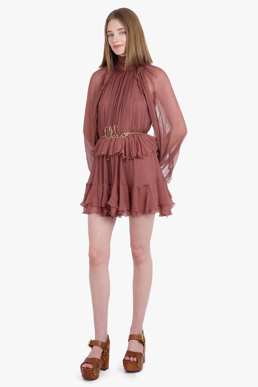 HIGH NECK L/S RUFFLE DETAIL MINI DRESS | WOODROSE PINK - 2