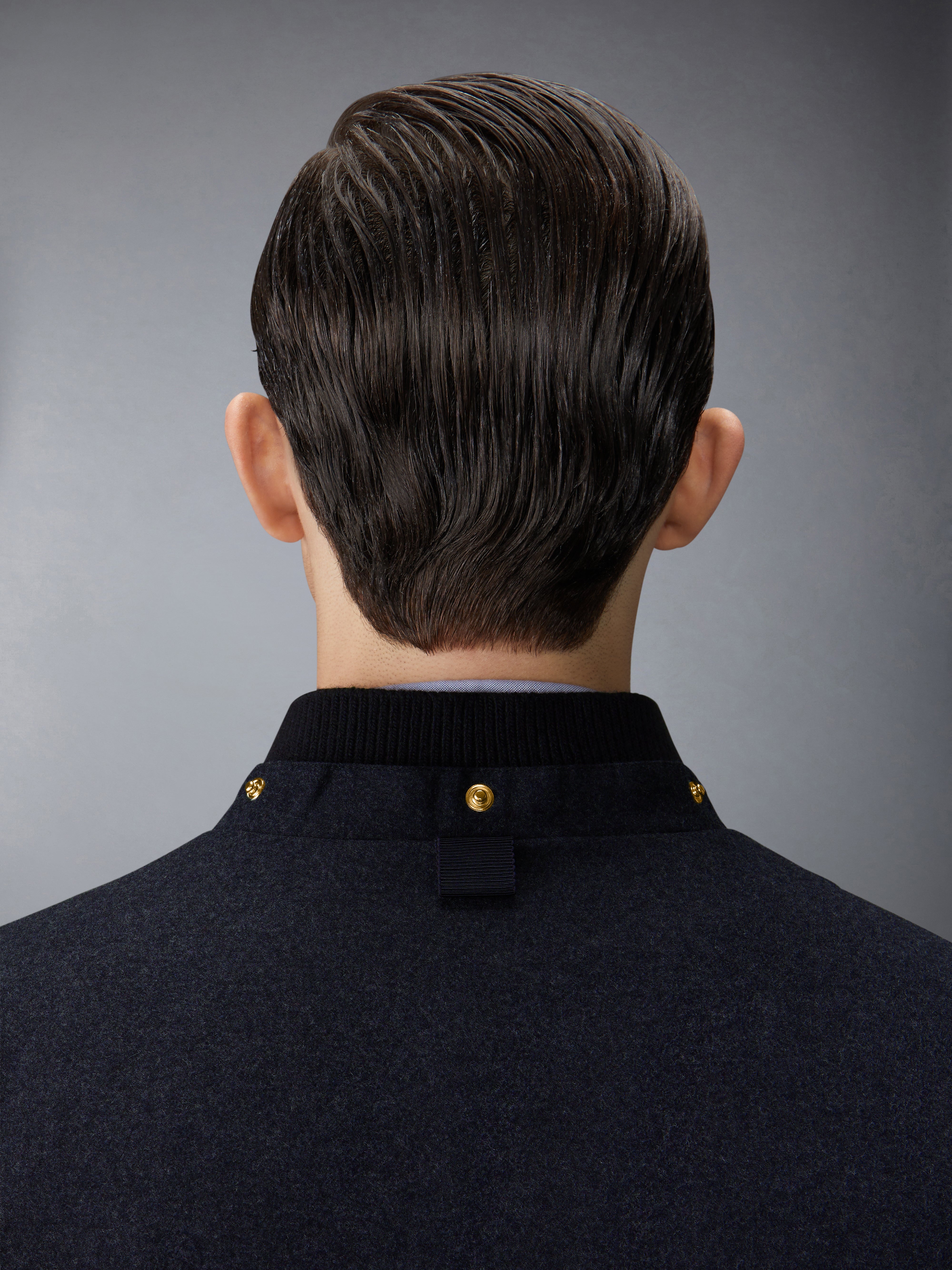 DOWNFILL SNAP FRONT DETACHABLE HOOD BOMBER W/ TONAL GROSGRAIN IN WOOL FLANNEL - 9