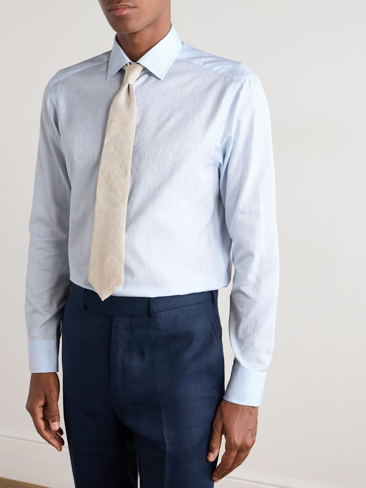 Roma Cutaway-Collar Paisley-Jacquard Cotton Shirt Blue - 2