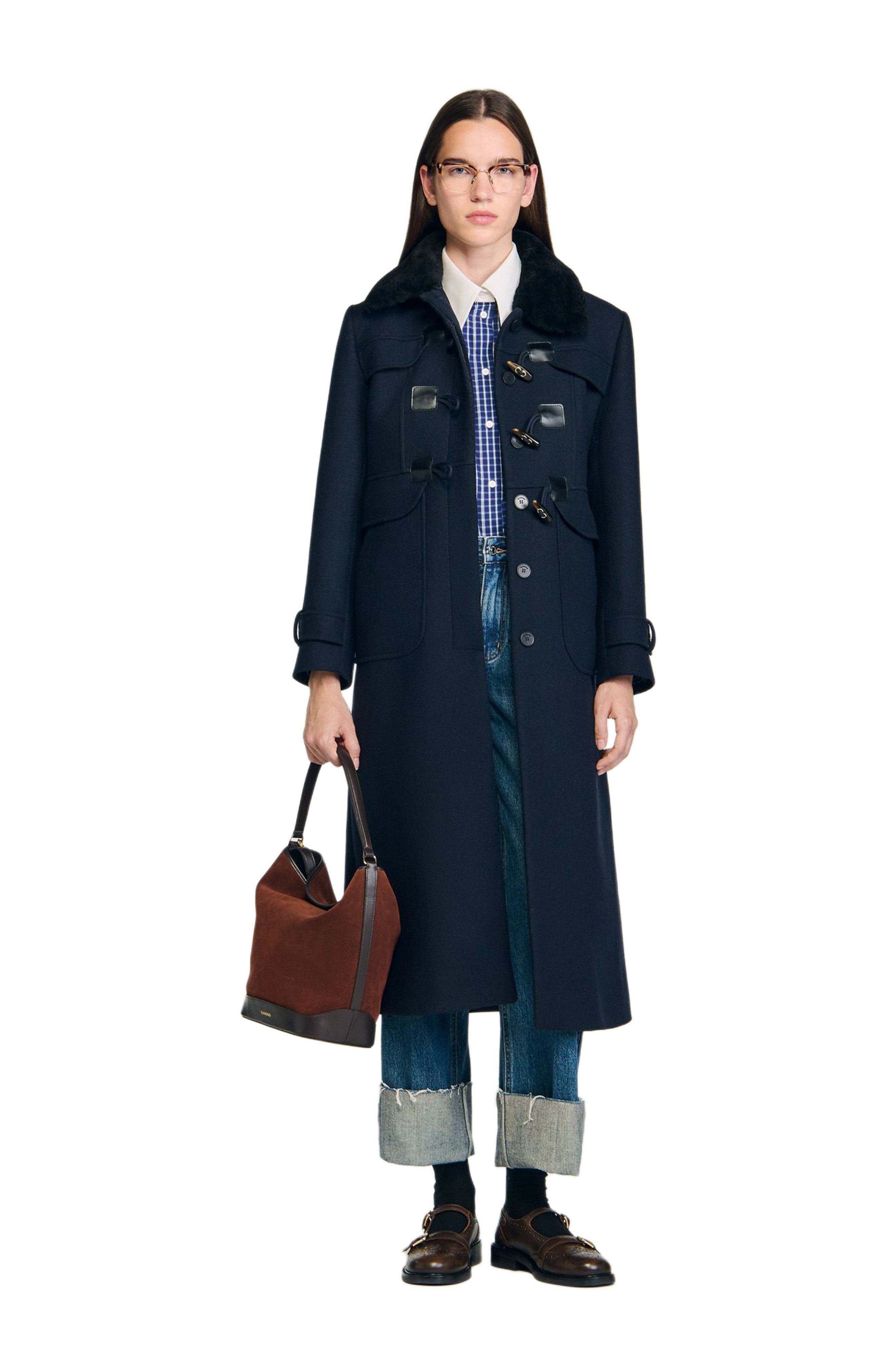 SANDRO Long coat with velvet collar in Navy Blue at Nordstrom - 5