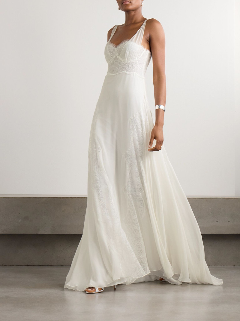 COSTARELLOS Semeli Chantilly lace-trimmed silk-georgette gown Off-white outlook