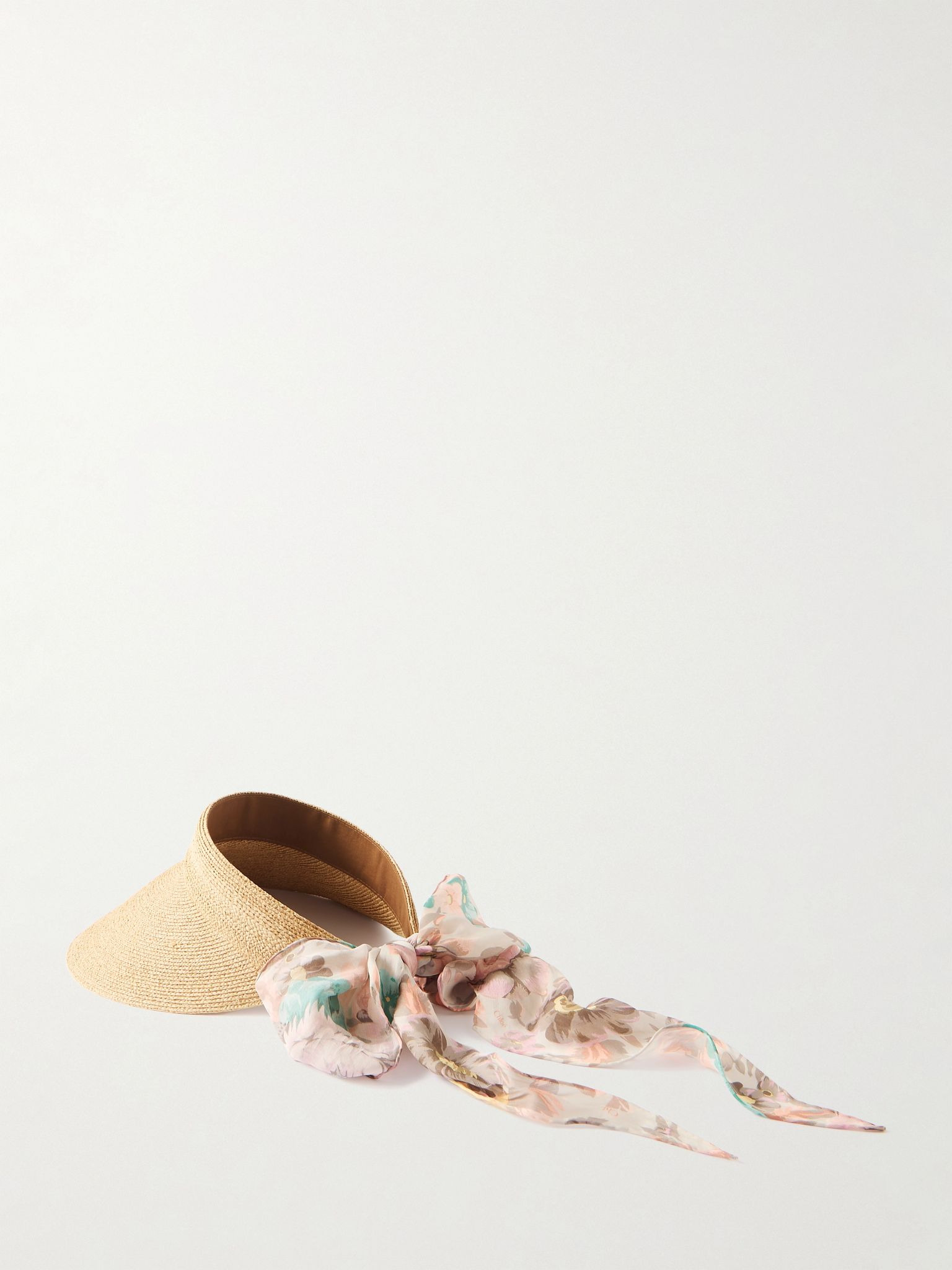 Printed chiffon-trimmed woven raffia visor Beige - 3