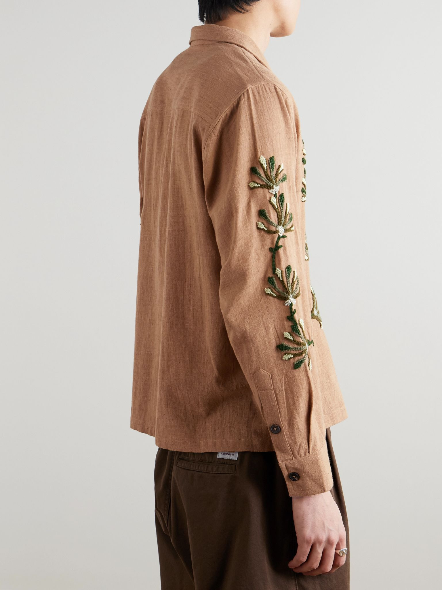 Bead-Embellished Embroidered Cotton Shirt Beige - 3