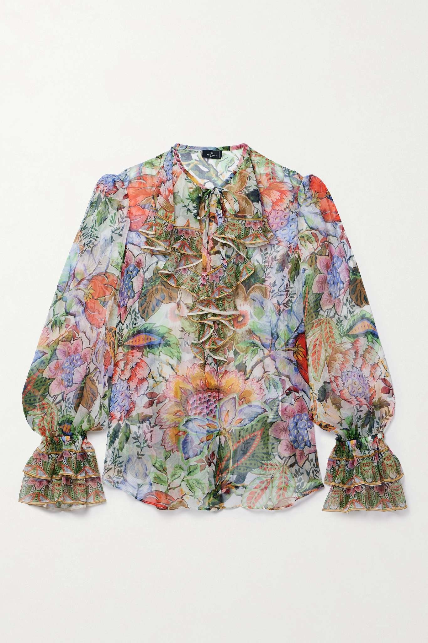 Ruffled floral-print silk-crepon blouse - 1