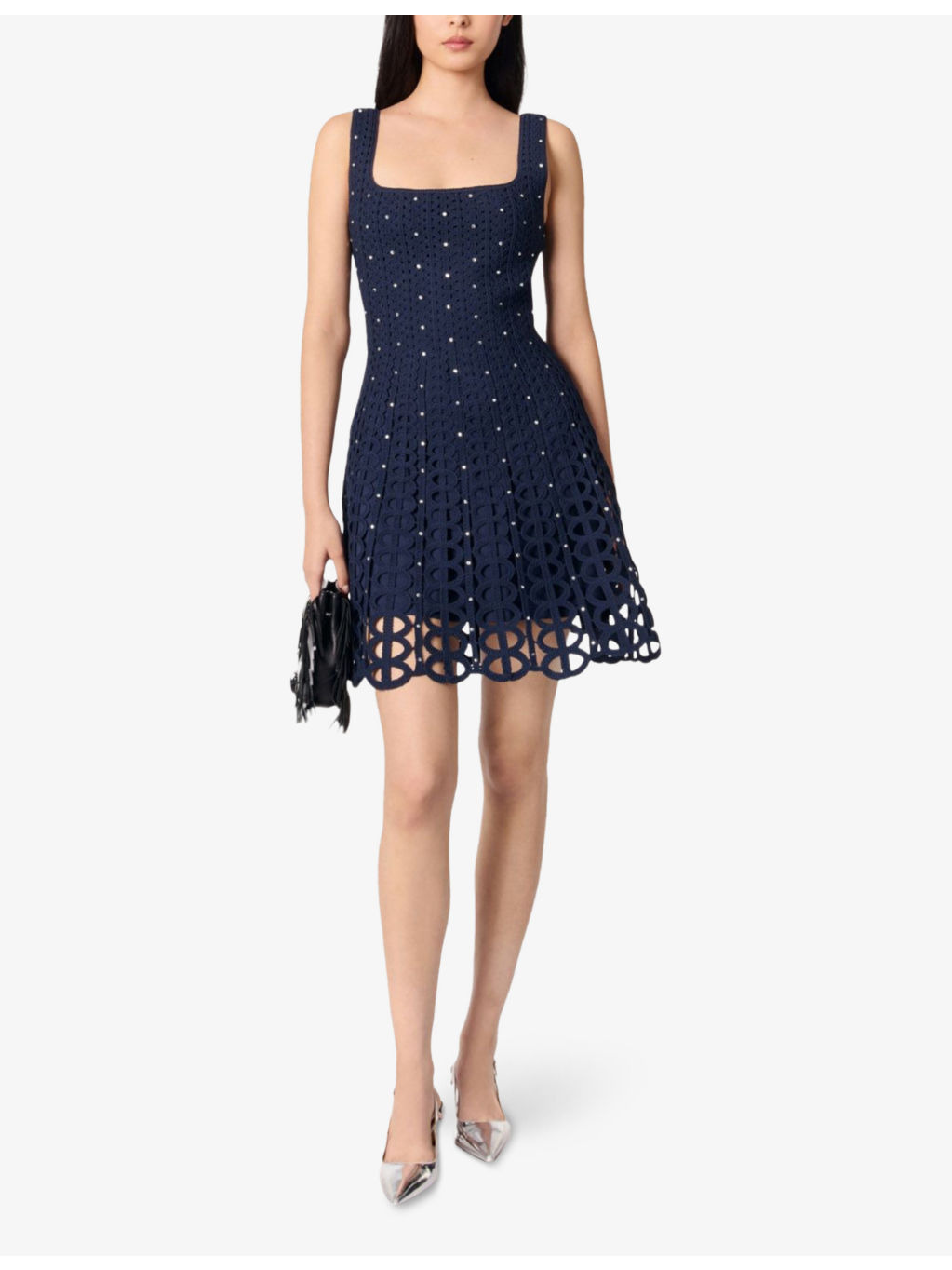 Rhinestone-Embellished Square-Neck Crochet Mini Dress - 2