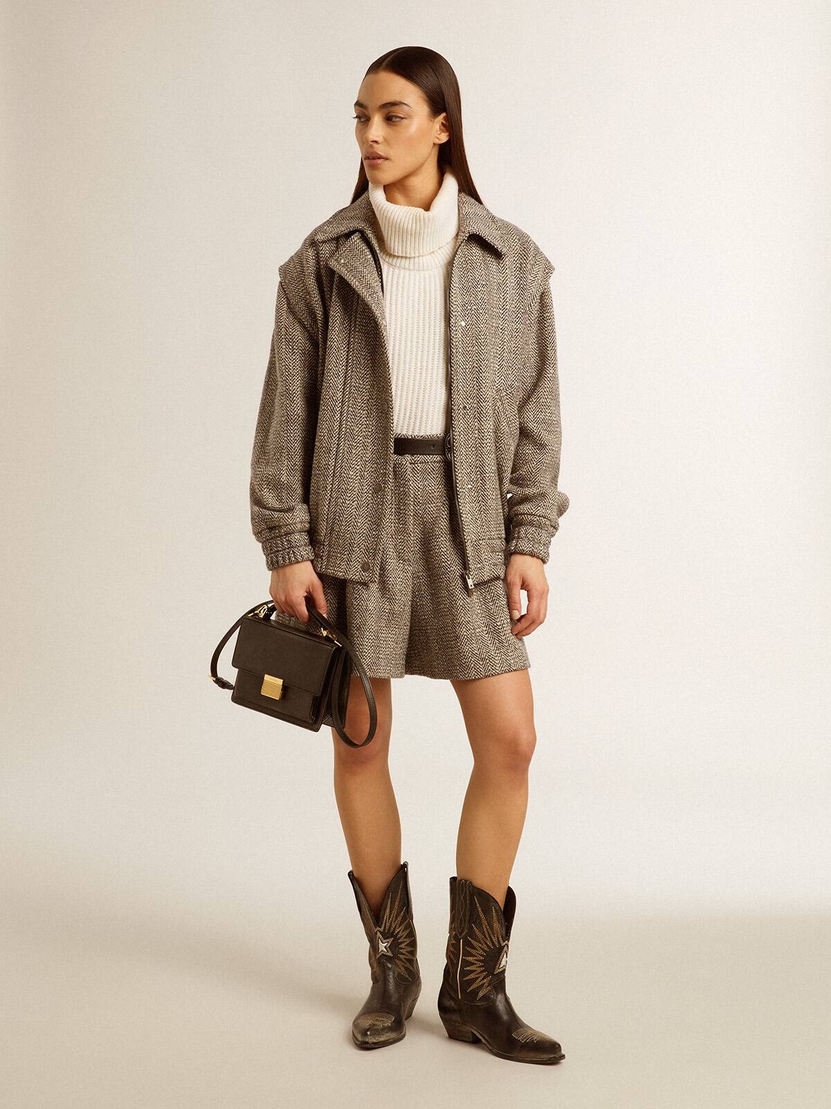 Women's bomber jacket in ecru brown herringbone wool - 4