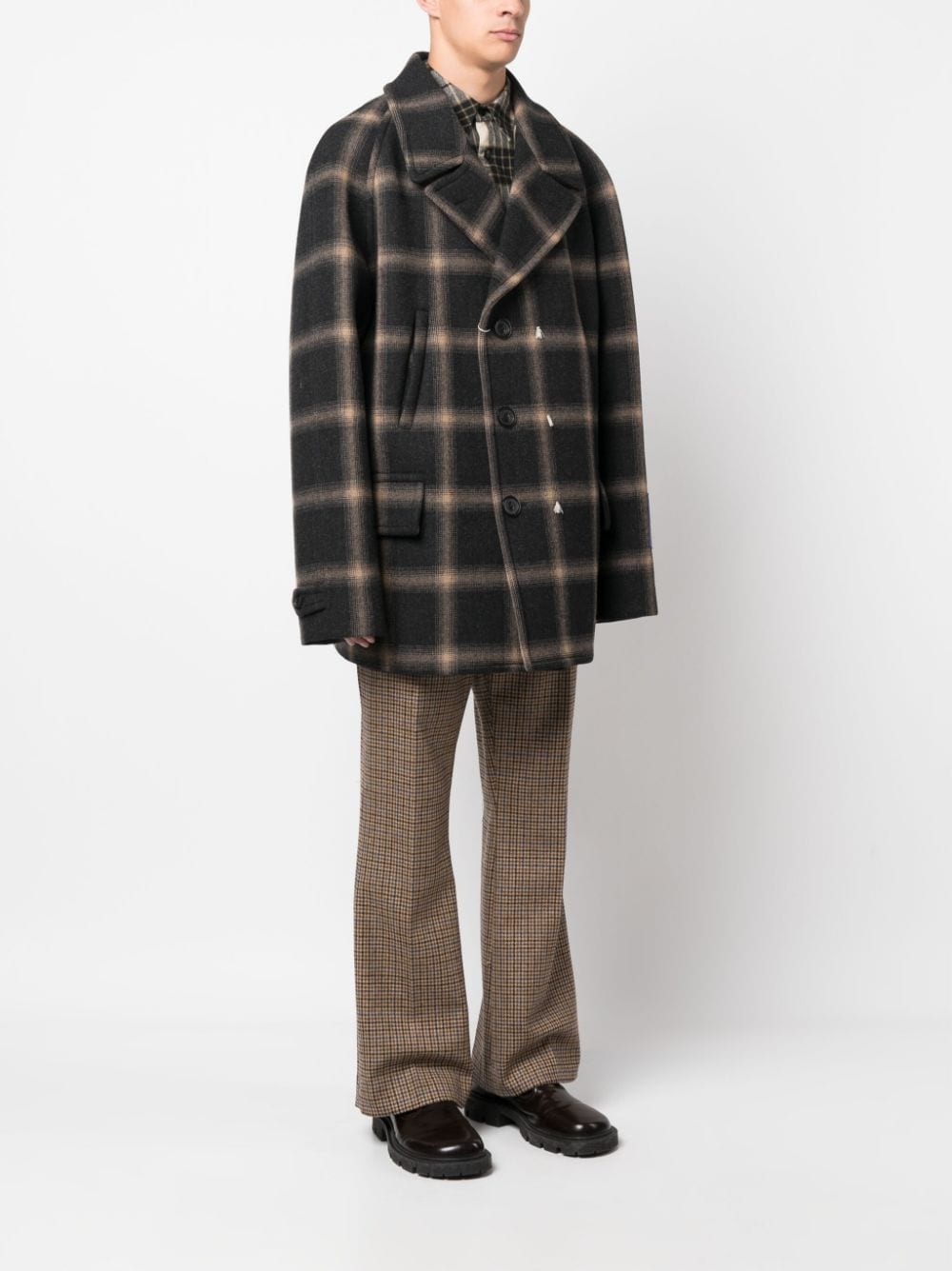 check-pattern wool coat - 3