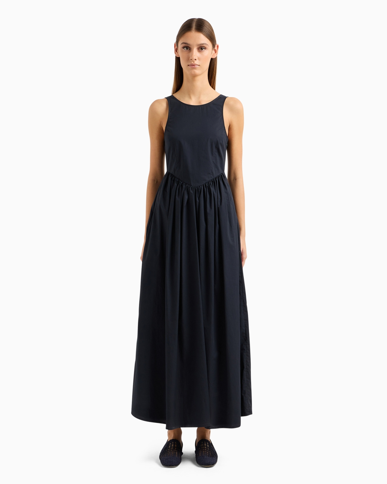 Long, full-skirted poplin dress with gathered waist - 2