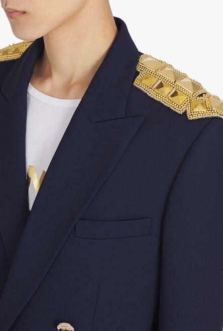Navy blue twill blazer with double-breasted gold-tone buttoned fastening - 10