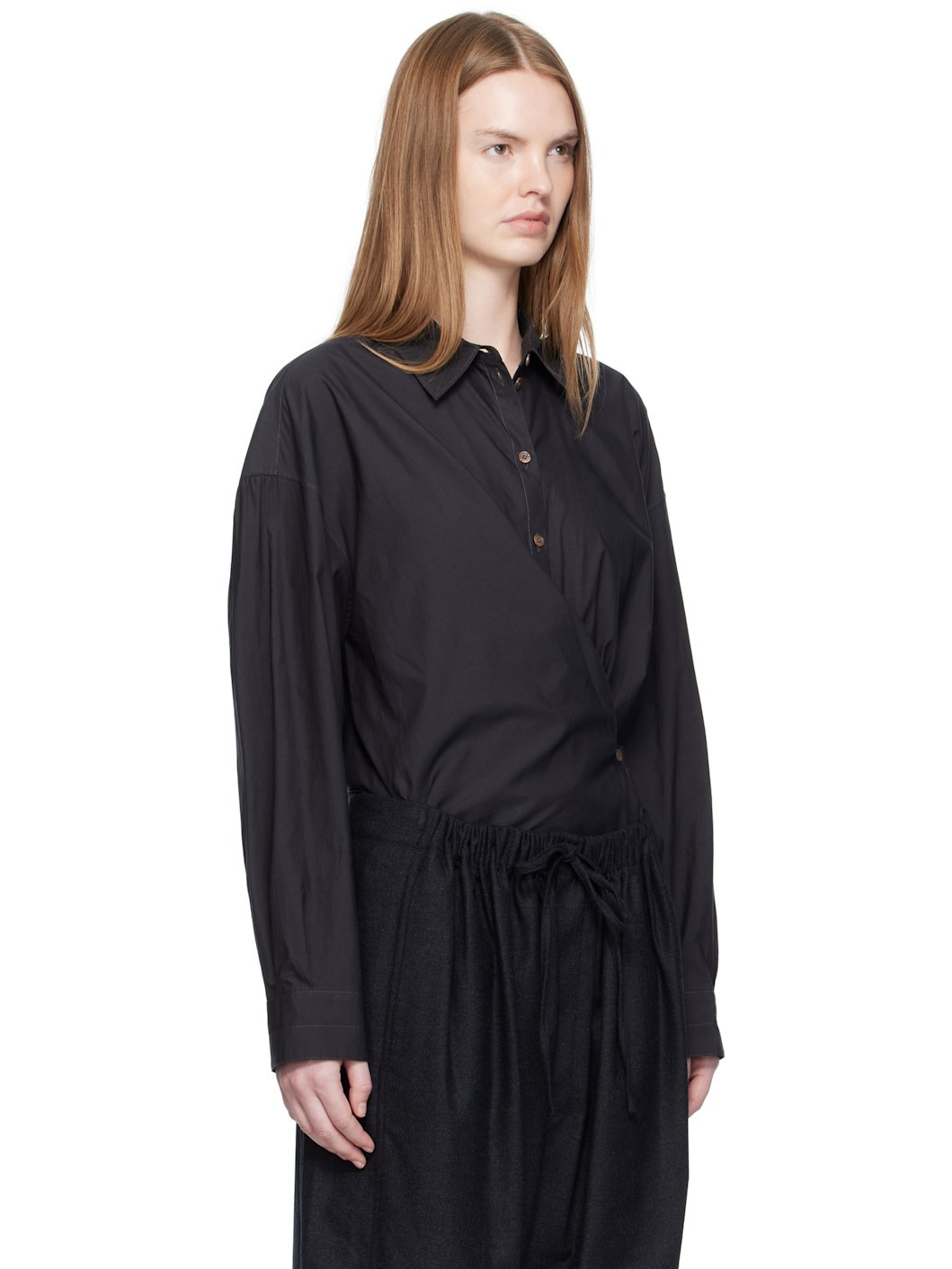 Black Straight Collar Twisted Shirt - 2