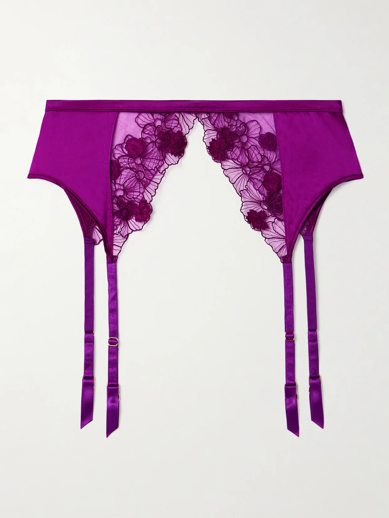 Violet Silk-blend Satin And Appliquéd Embroidered Tulle Suspender Belt - 1